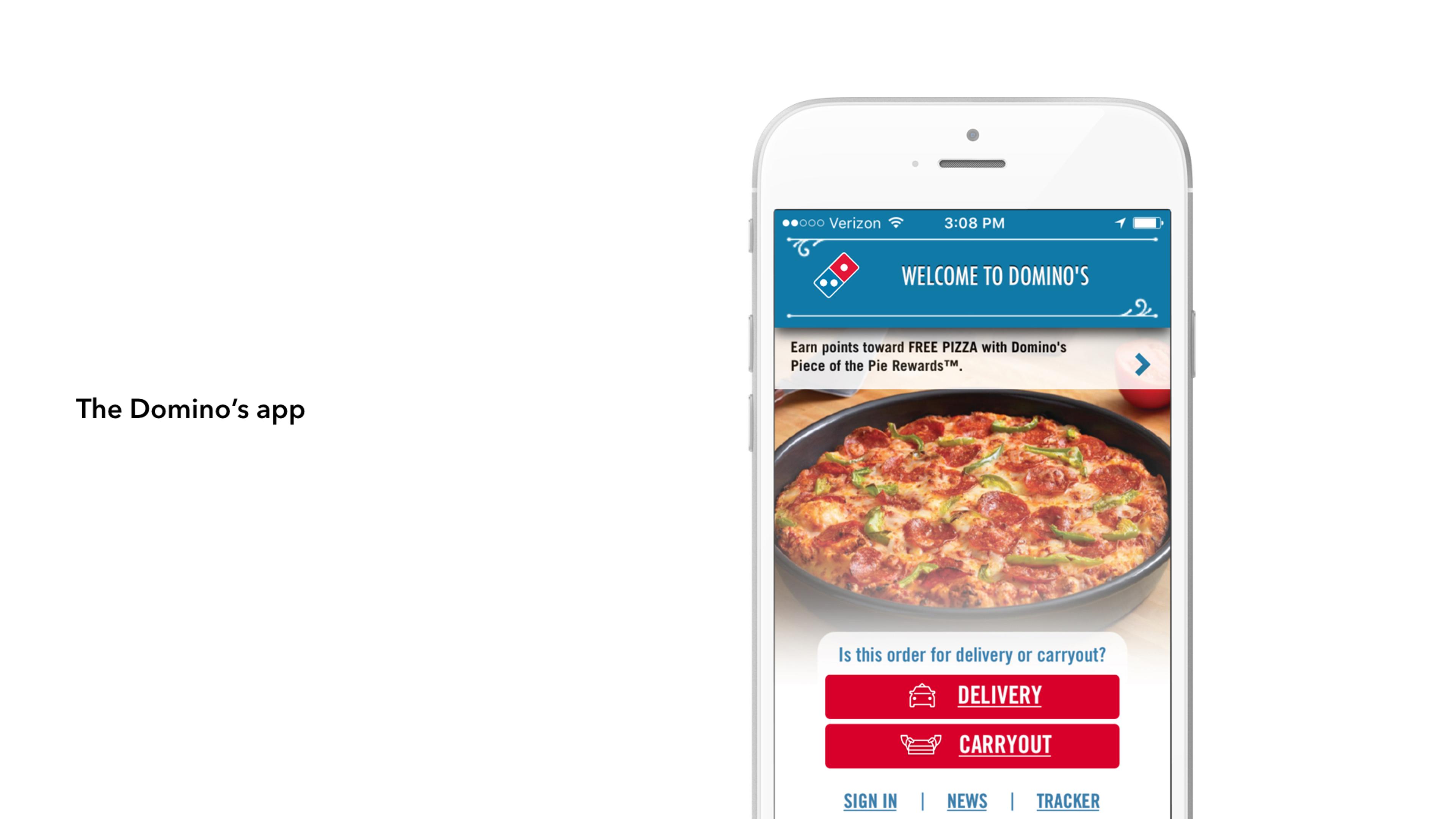 A smartphone displaying the Domino's app, featuring a welcome message and options for delivery or carryout. The screen shows a pizza image and promotional text about earning free pizza.