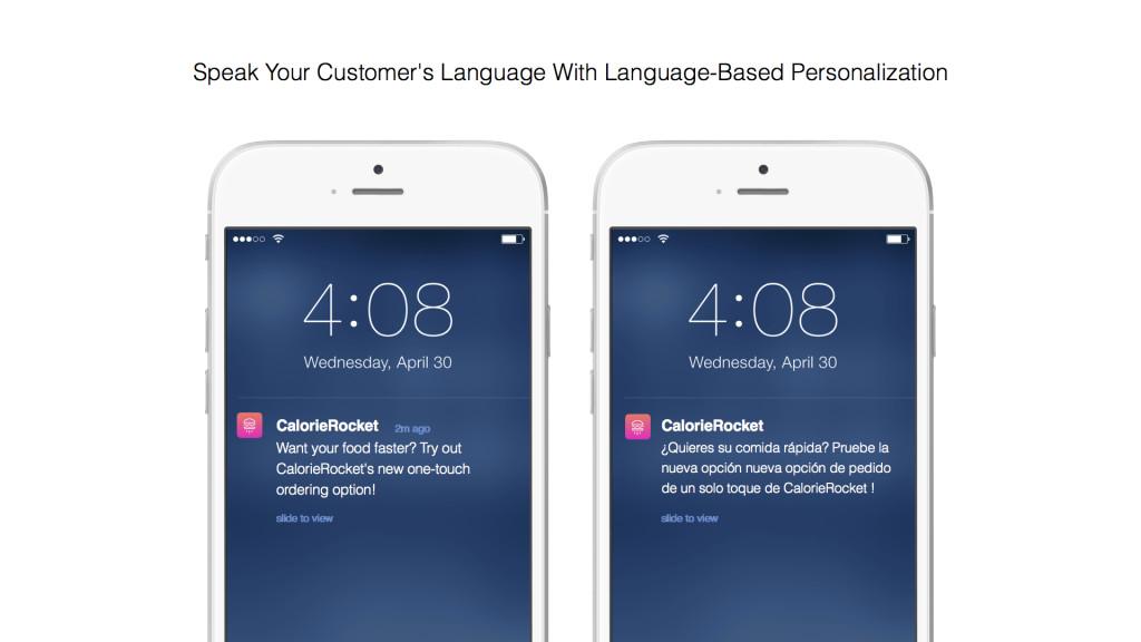 Two smartphones displaying notifications at 4:08 PM. One shows an English message about food ordering, and the other displays a Spanish version of the same message.