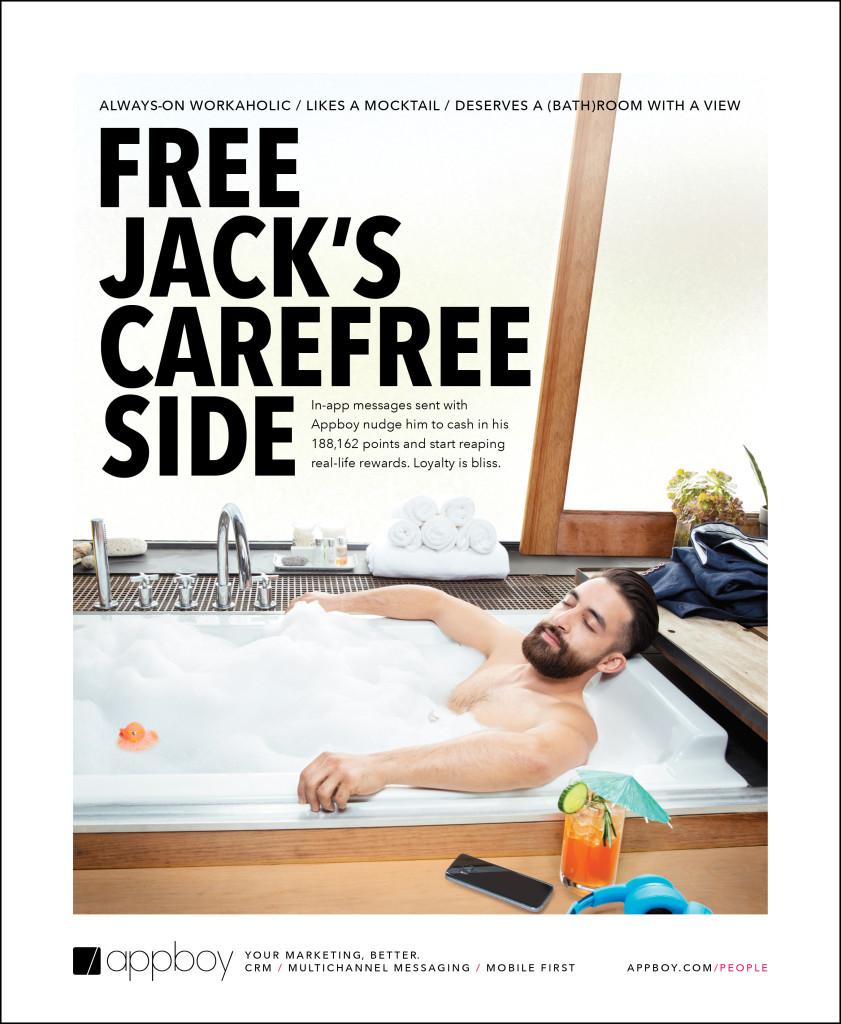 A man relaxes in a bathtub with a view, promoting an app that rewards users with points and cash. The text highlights the carefree lifestyle associated with the app's features.