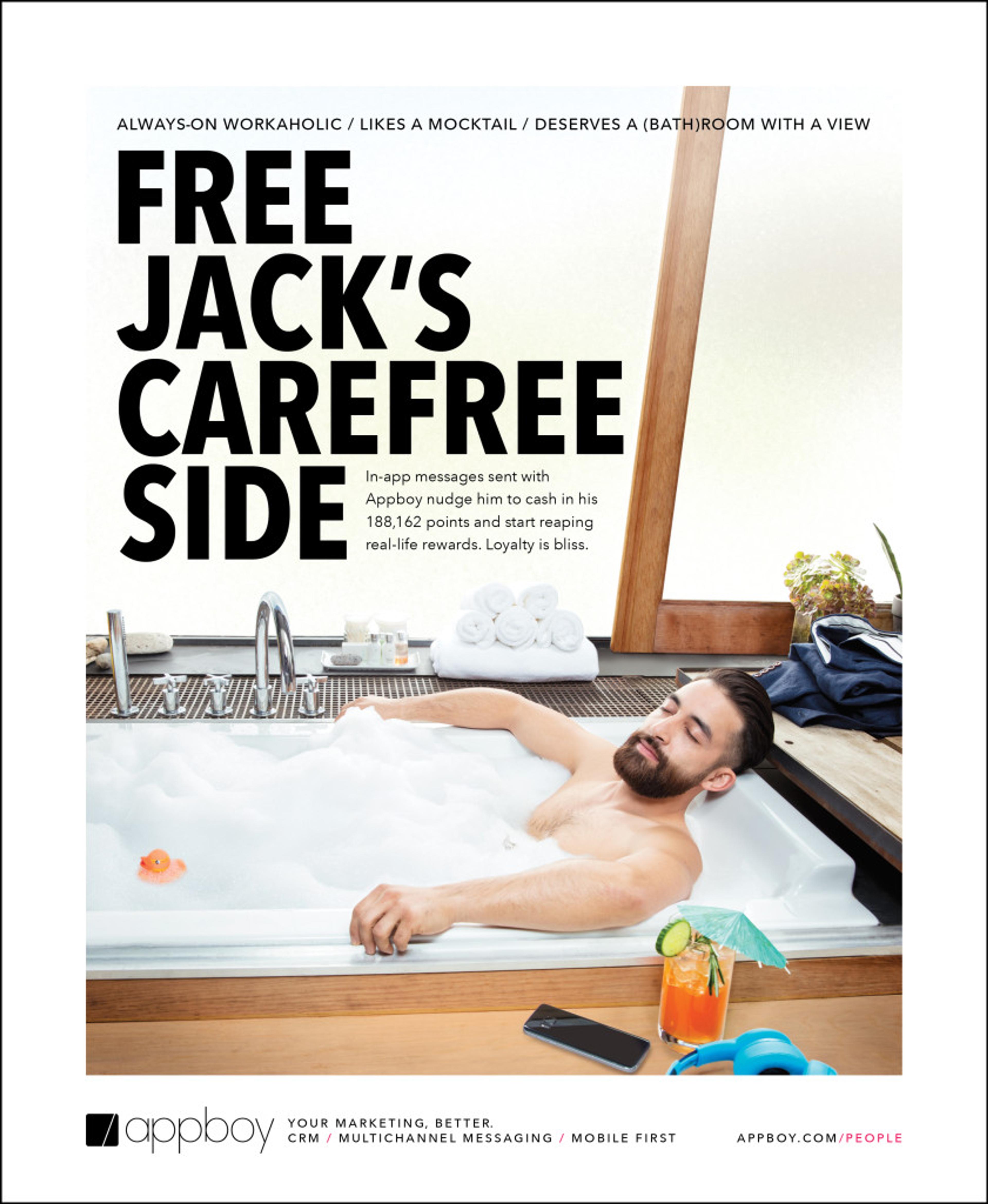 A man relaxes in a bathtub with a view, promoting an app that rewards users with points and cash. The text highlights the carefree lifestyle associated with the app's features.