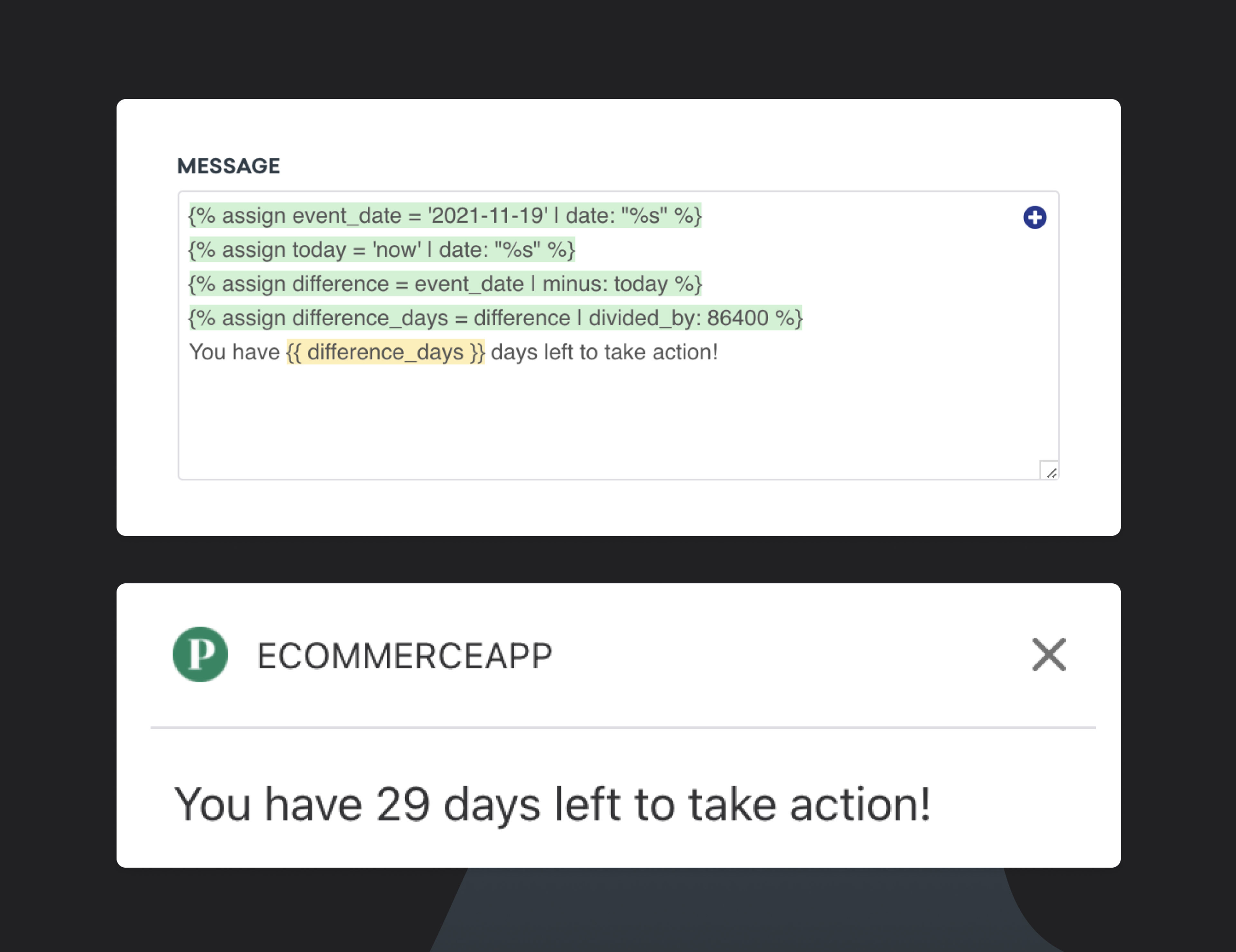 A message displaying a countdown of 29 days left to take action, with code snippets related to date calculations.