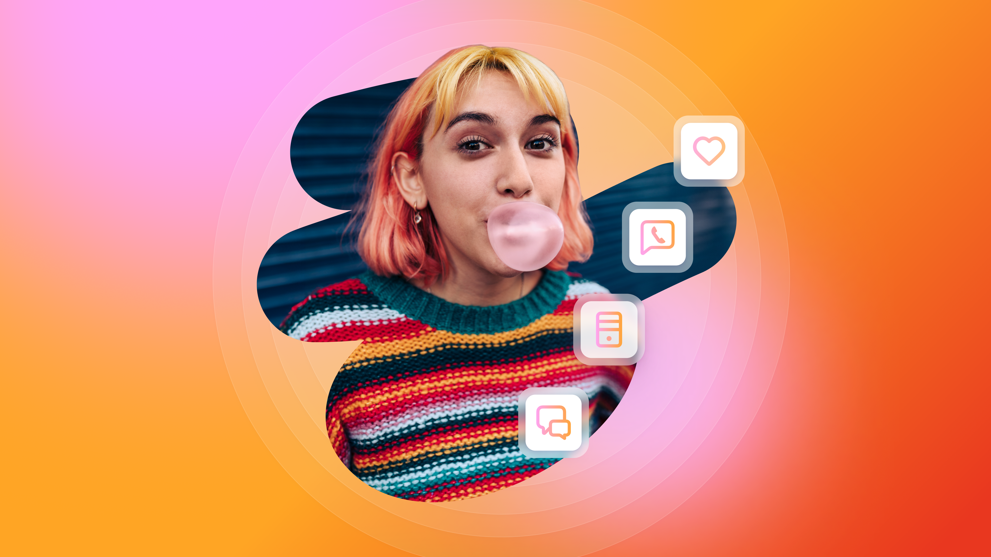 A person with pink and blonde hair blows bubblegum with social media icons floating around them on a colorful gradient background.