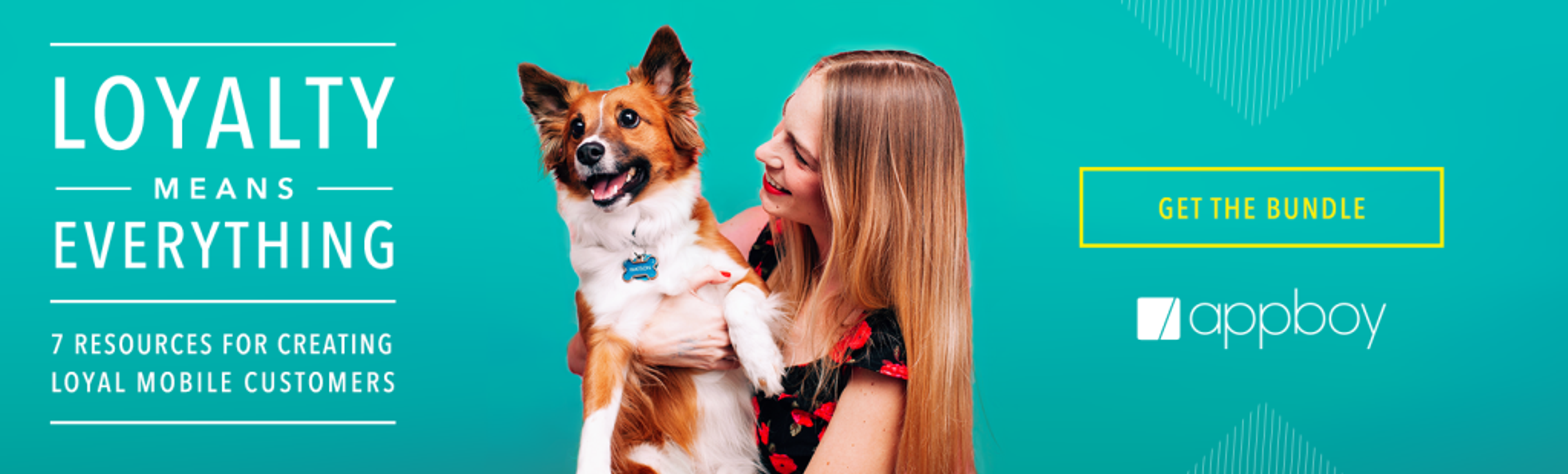 A woman smiles while holding a dog against a bright teal background. Text on the left promotes resources for creating loyal mobile customers.