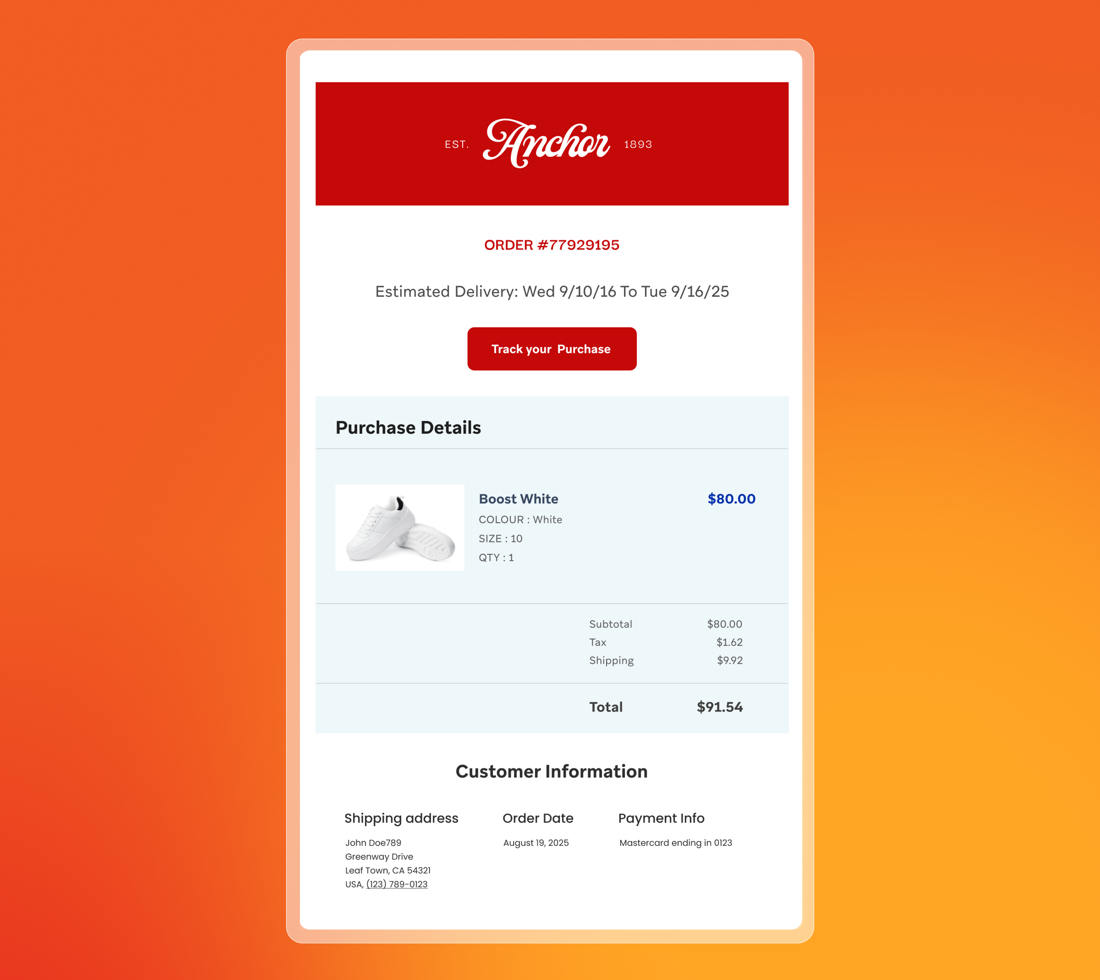 an email from anchor shows a purchase details page