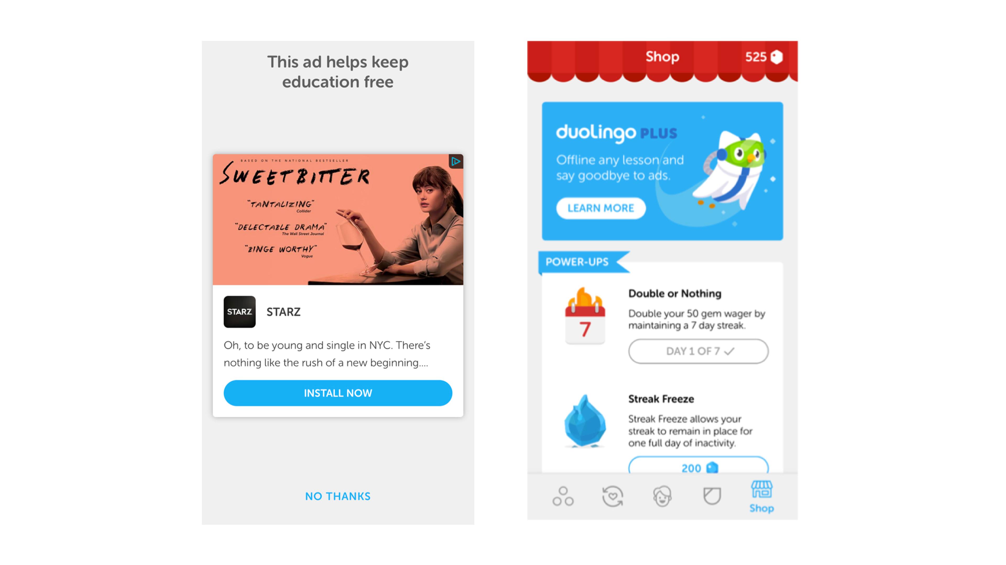An advertisement for the show "Sweetbitter" on STARZ is displayed on the left, while the right side shows the Duolingo app interface with options for purchasing power-ups.