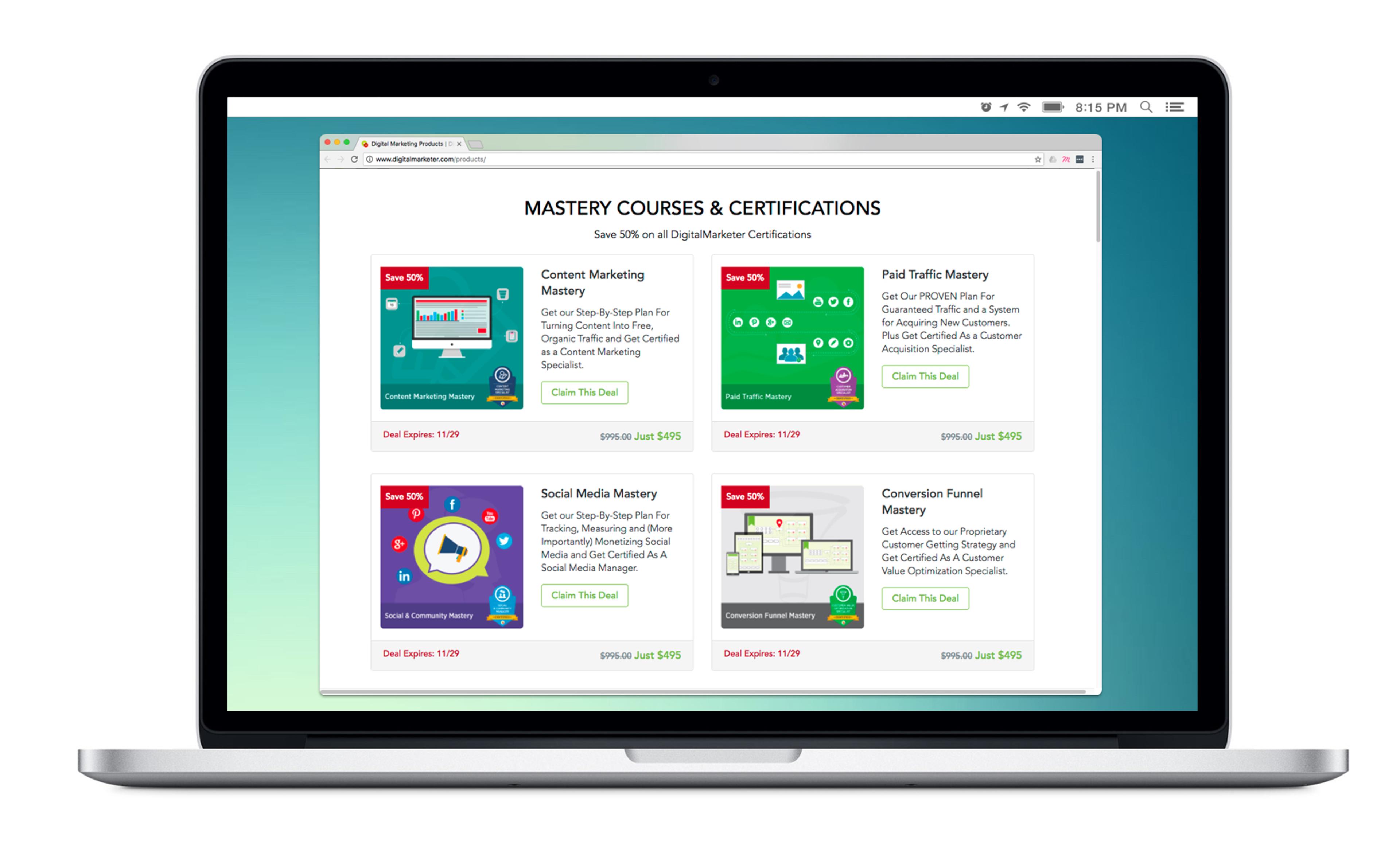 A laptop screen displaying a webpage with various mastery courses and certifications, including Content Marketing, Paid Traffic, Social Media, and Conversion Funnel Mastery, each with pricing and a "Claim This Deal" button.
