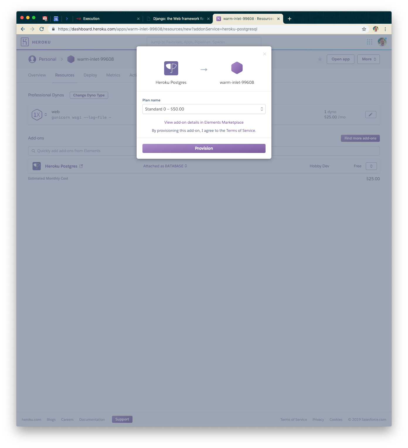 A web interface displaying a form to provision a Heroku Postgres database, including fields for plan name and pricing. The user is prompted to agree to the Terms of Service before proceeding.