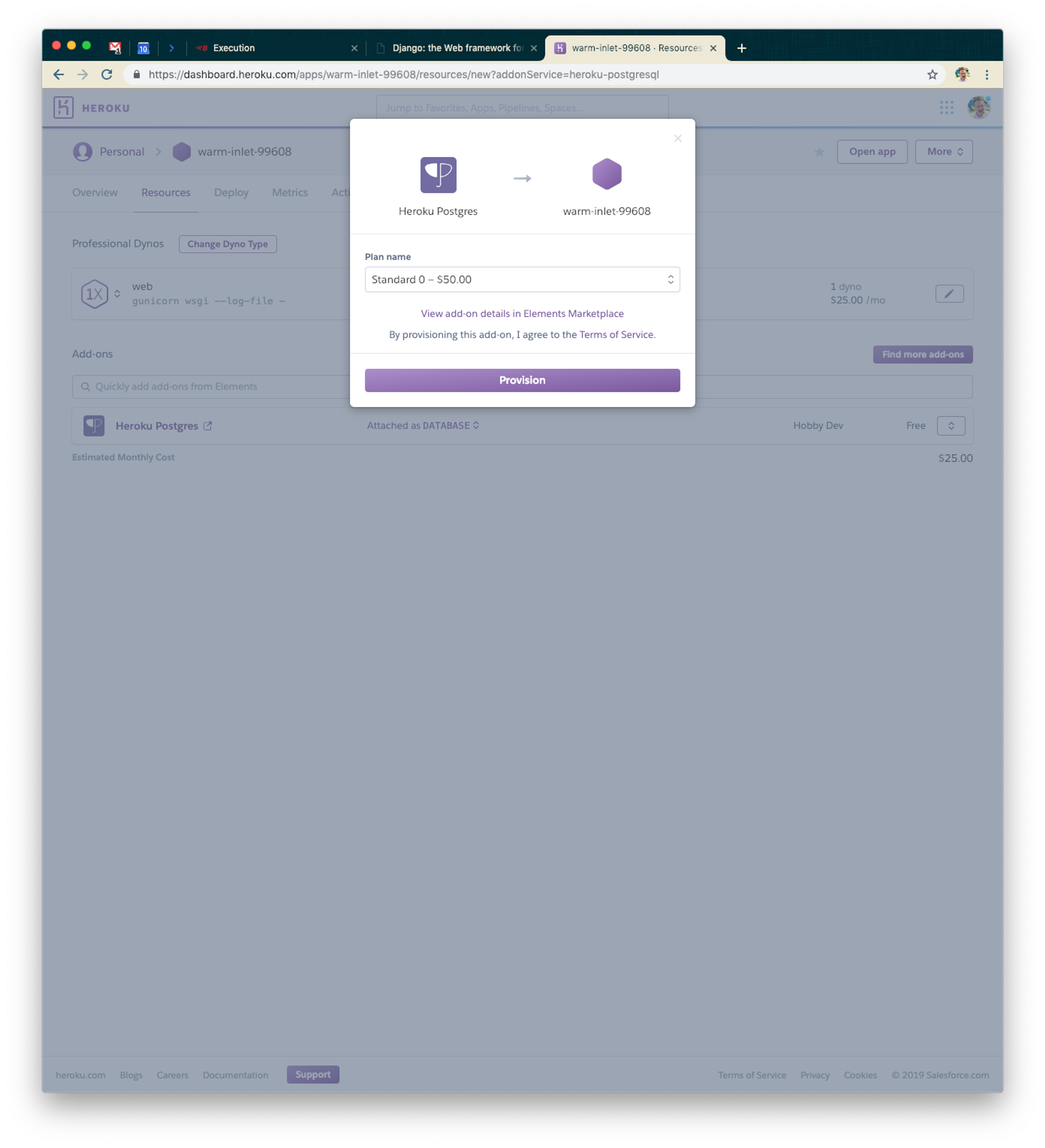 A web interface displaying a form to provision a Heroku Postgres database, including fields for plan name and pricing. The user is prompted to agree to the Terms of Service before proceeding.