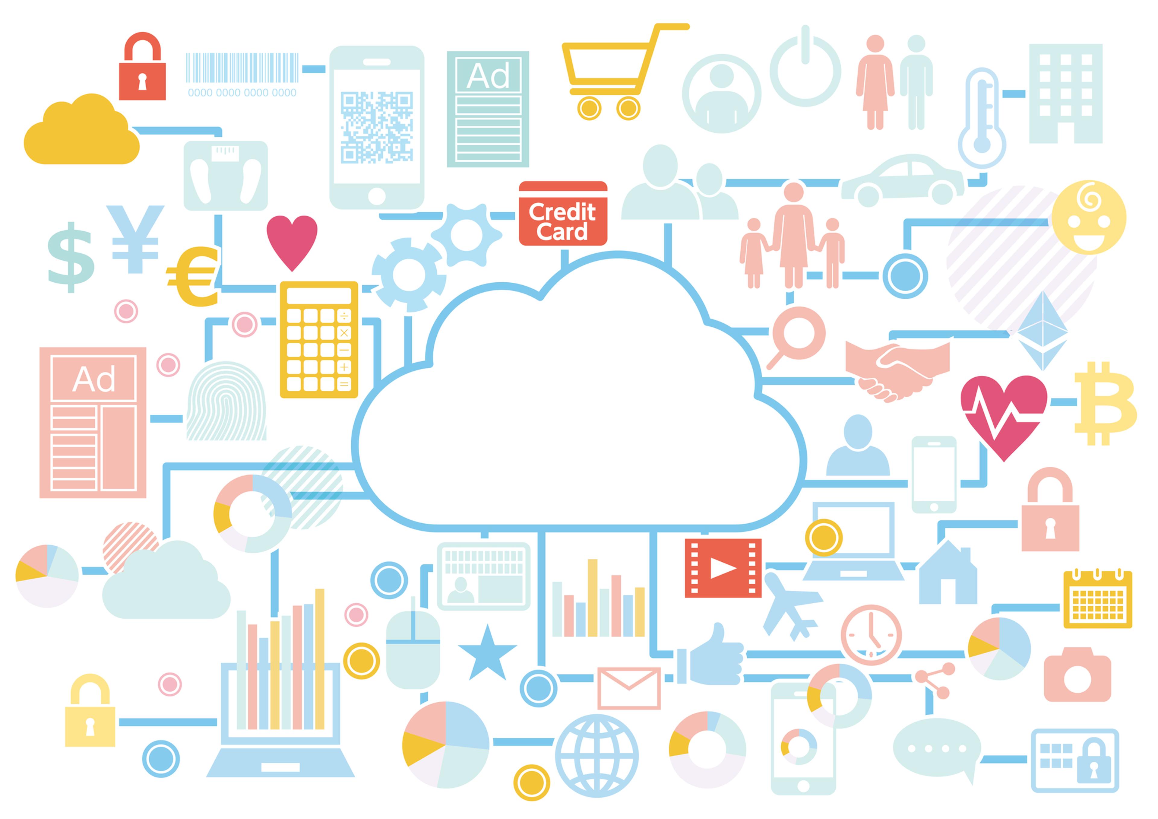 an illustration of a cloud surrounded by various icons .