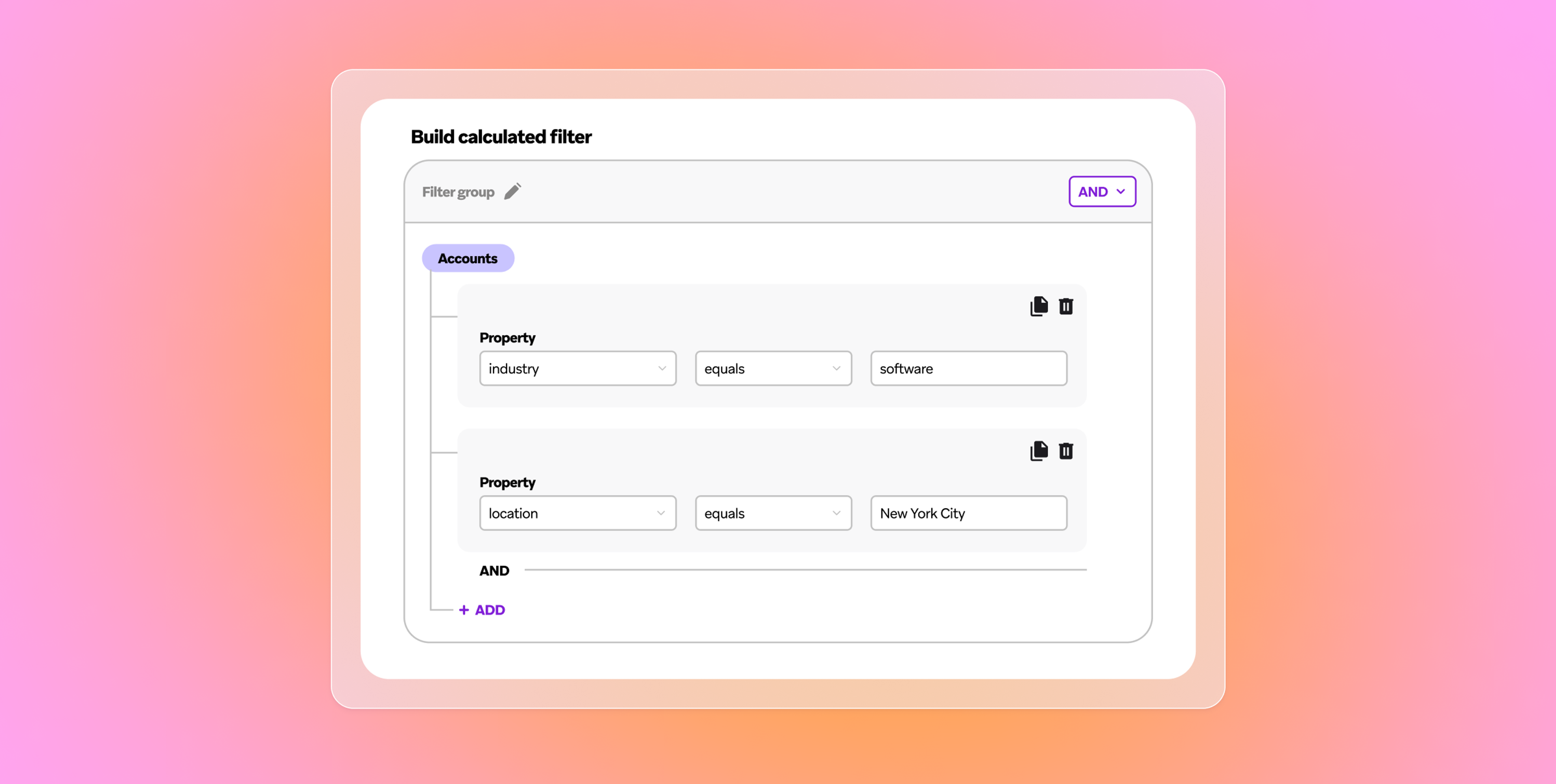 Calculated filter builder showing account criteria for software industry and New York City location, joined by AND.