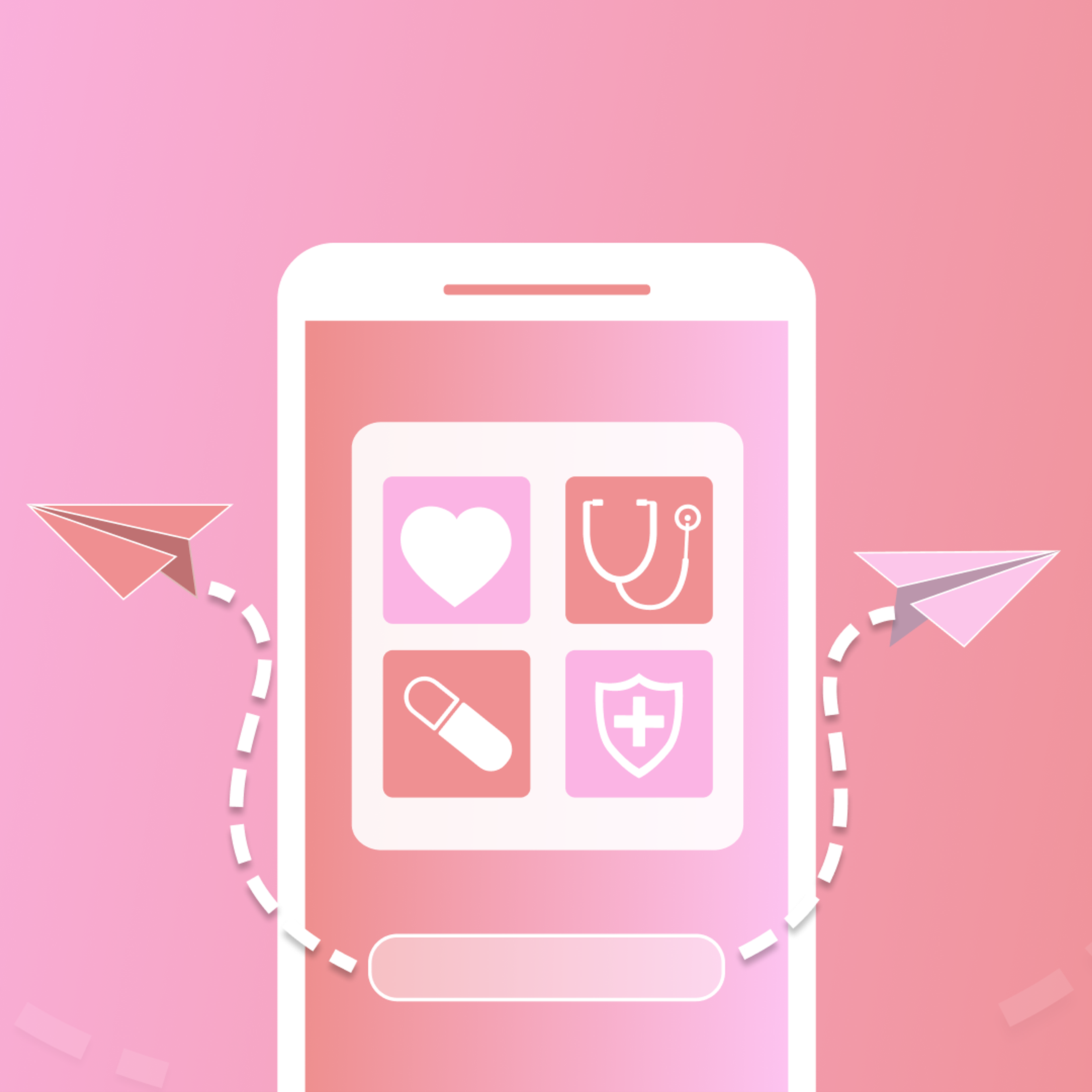A smartphone displaying a health app interface with icons for heart, stethoscope, pill, and shield. Two paper airplanes are flying towards the phone from opposite sides.
