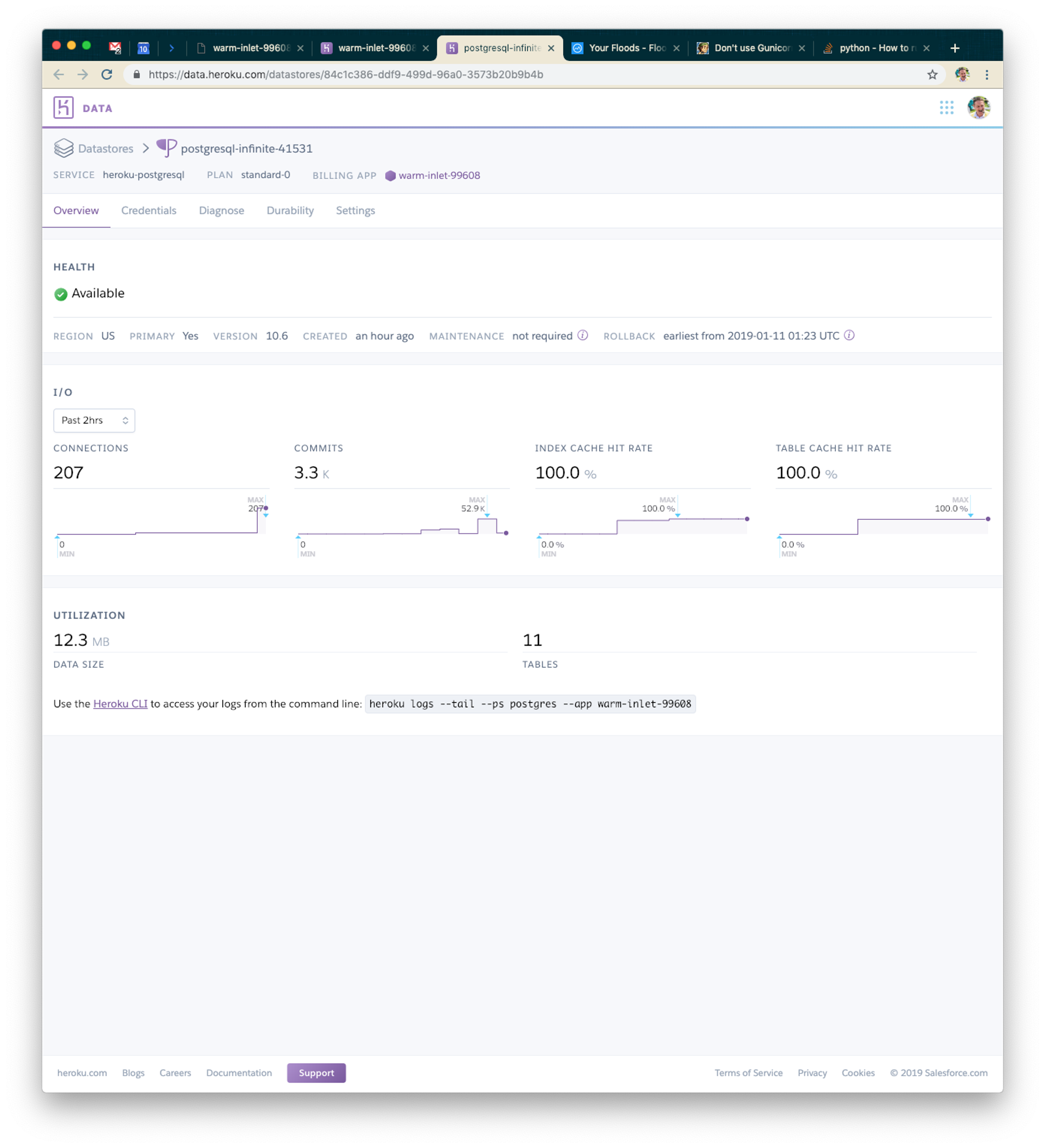 A dashboard displaying health metrics for a PostgreSQL database, including connections, commits, index cache hit rate, and utilization statistics. The interface shows various graphs and data points related to database performance.
