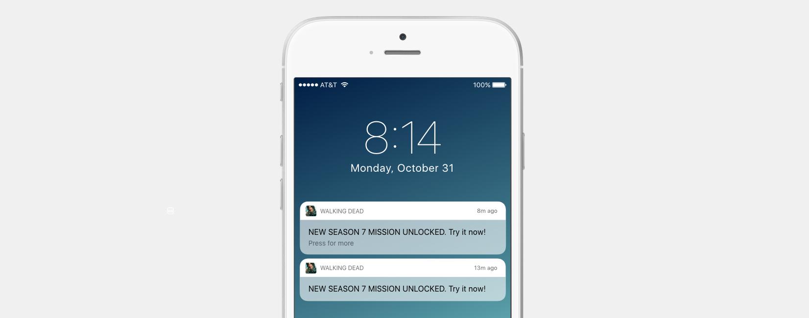 A smartphone screen displaying the time 8:14 on Monday, October 31, with two notifications for a game titled "Walking Dead," indicating a new season and mission unlocked.