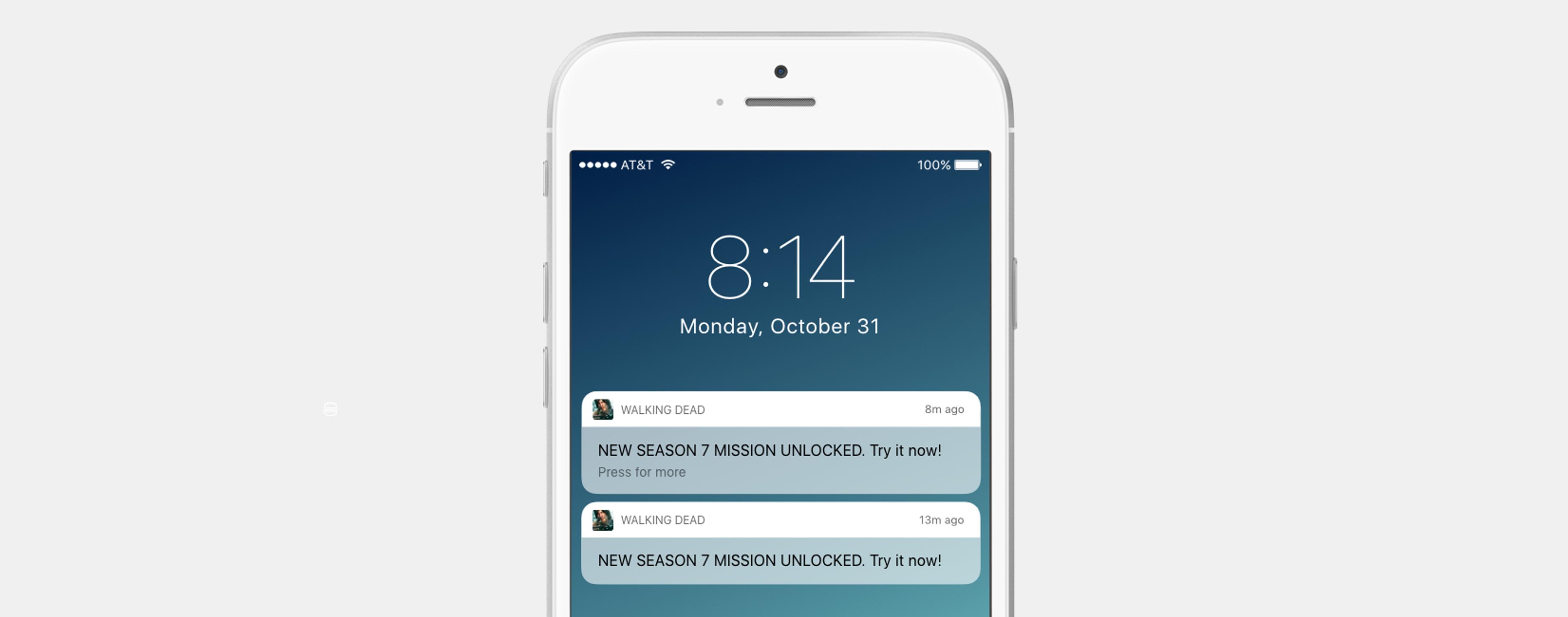 A smartphone screen displaying the time 8:14 on Monday, October 31, with two notifications for a game titled "Walking Dead," indicating a new season and mission unlocked.