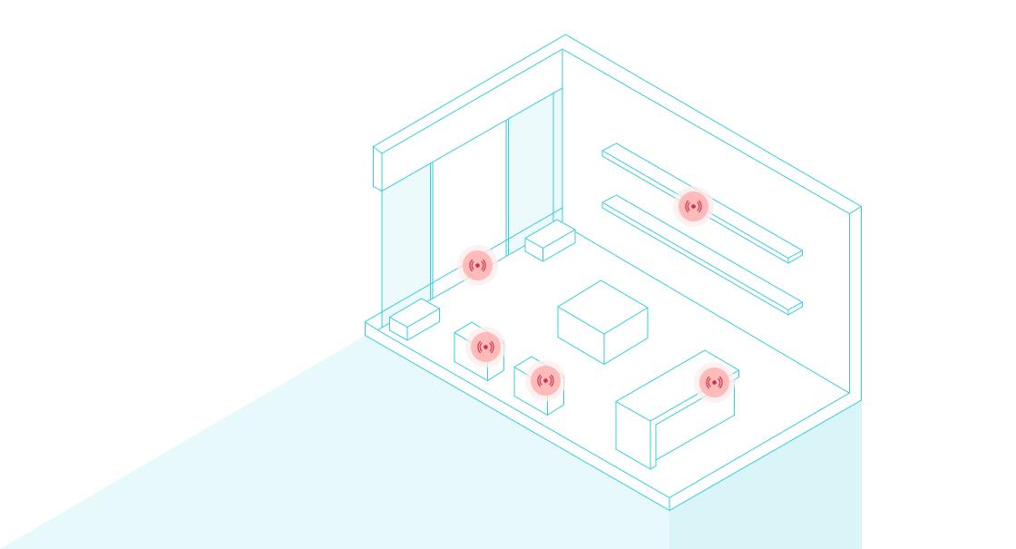 部屋の簡略図。家具と電源コンセントが配置されている。
