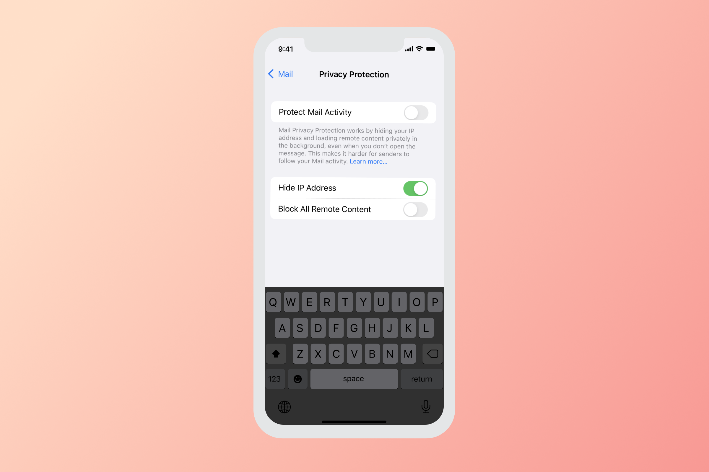 A smartphone screen displaying the Mail Privacy Protection settings, with options to protect mail activity, hide IP address, and block all remote content. The background is a gradient of soft colors.