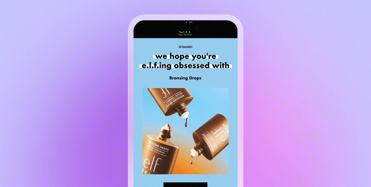 a cell phone with a picture of a bottle of elf bronzing drops on it .