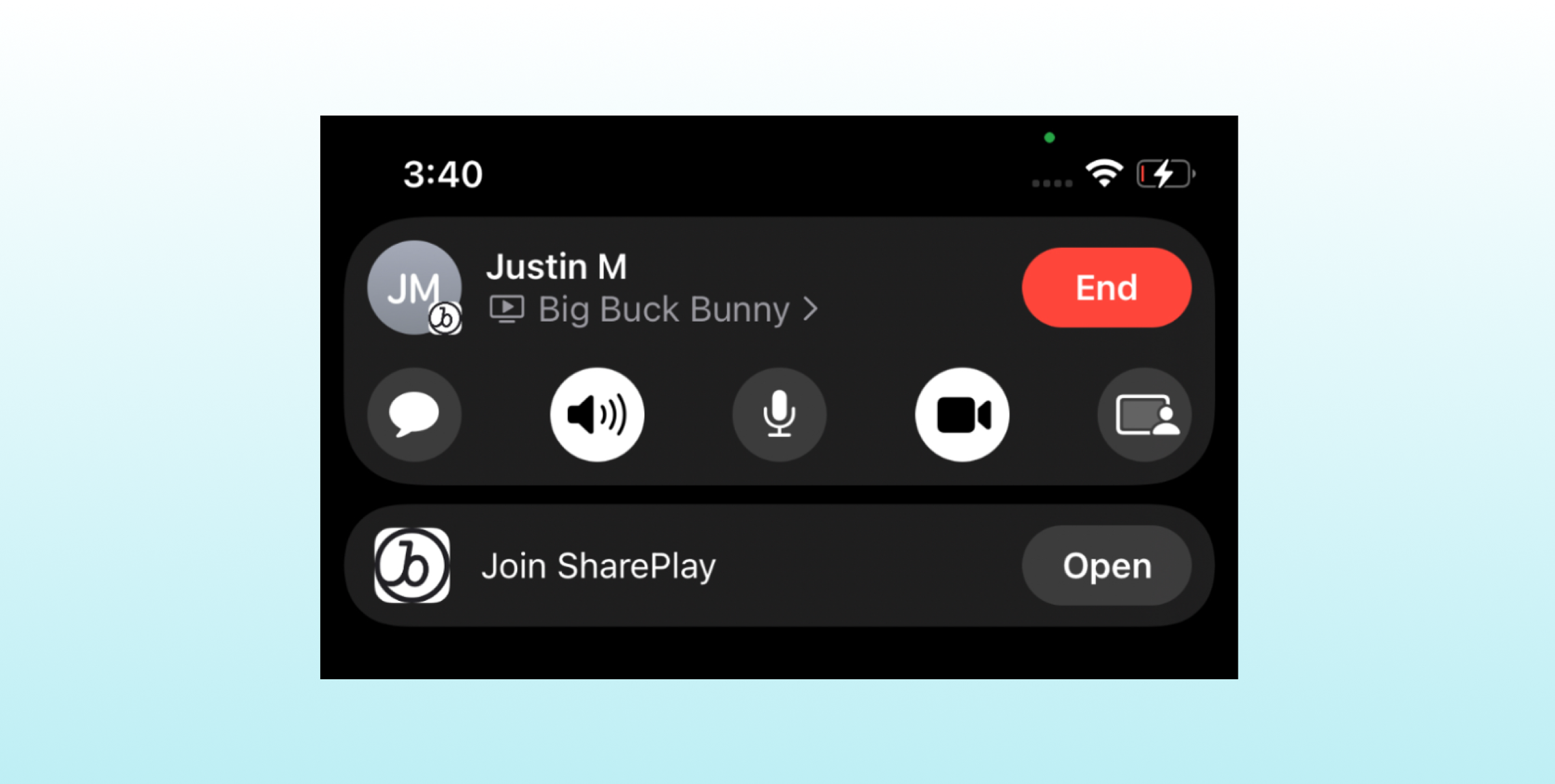 A mobile screen displaying a SharePlay interface with options to end the session, mute audio, use the microphone, and enable video. It shows a participant named Justin M and a video titled "Big Buck Bunny.