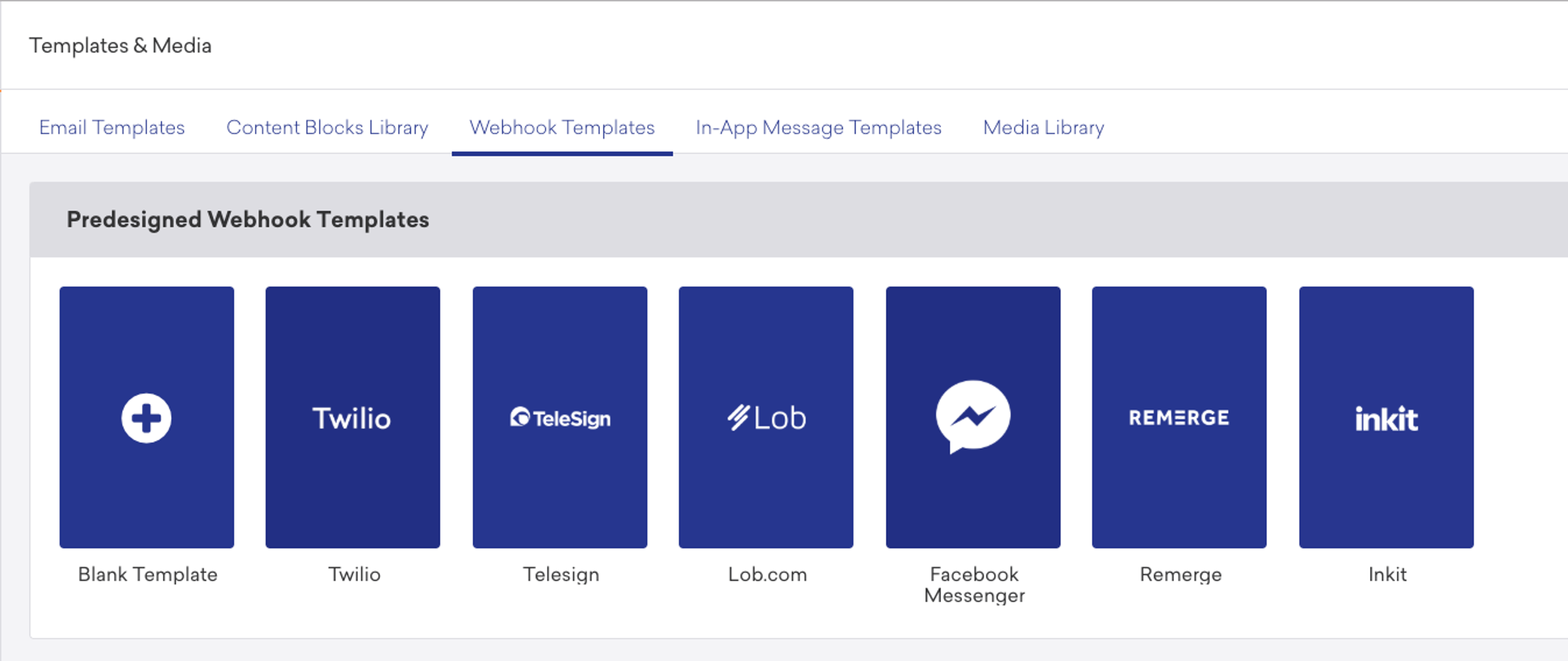 A selection of predesigned webhook templates displayed in a grid format, featuring logos for various services like Twilio, TeleSign, and Facebook Messenger.