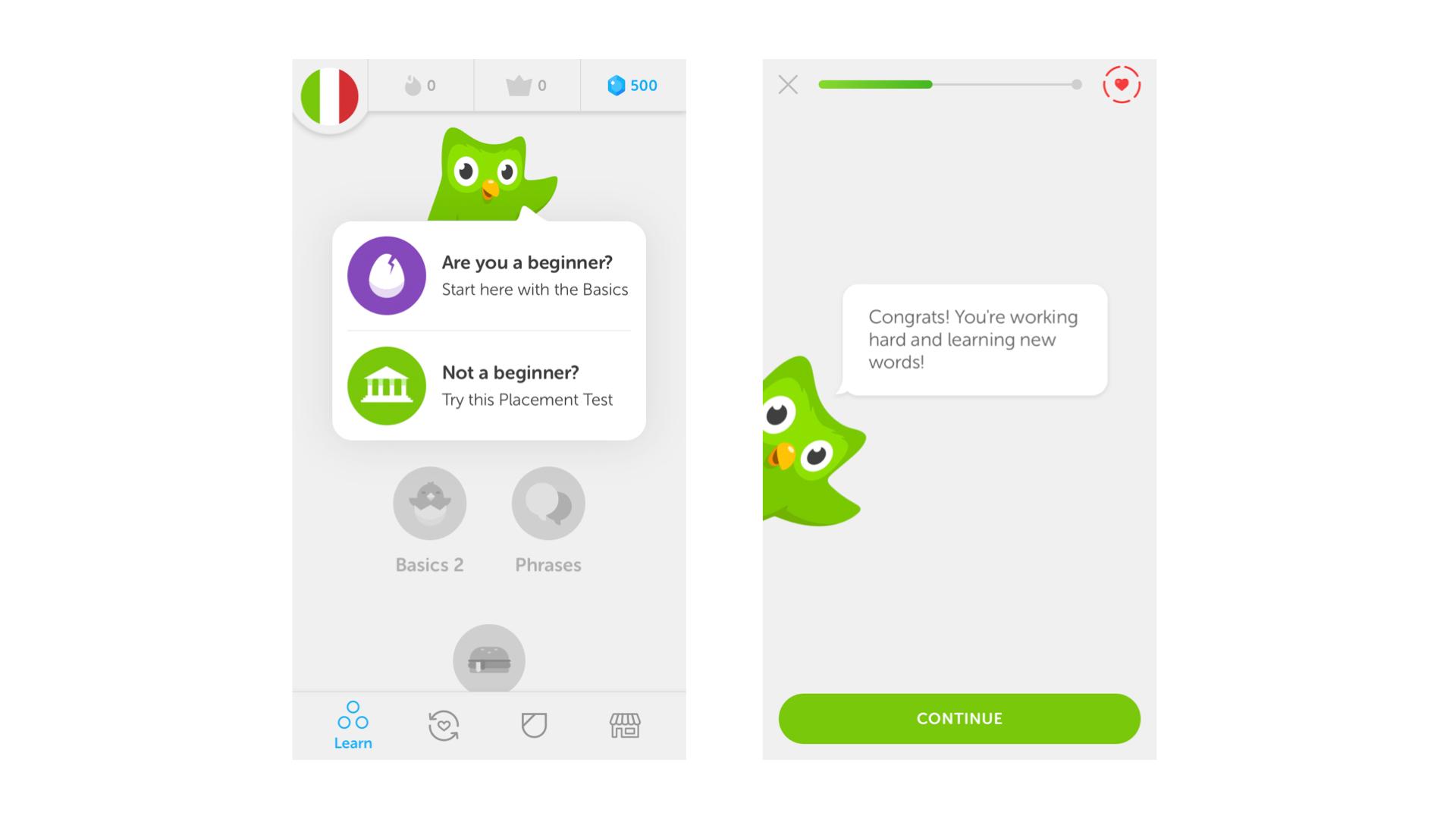 A language learning app interface displaying a friendly green owl character. The screen prompts users to identify their skill level with options for beginners and advanced learners.
