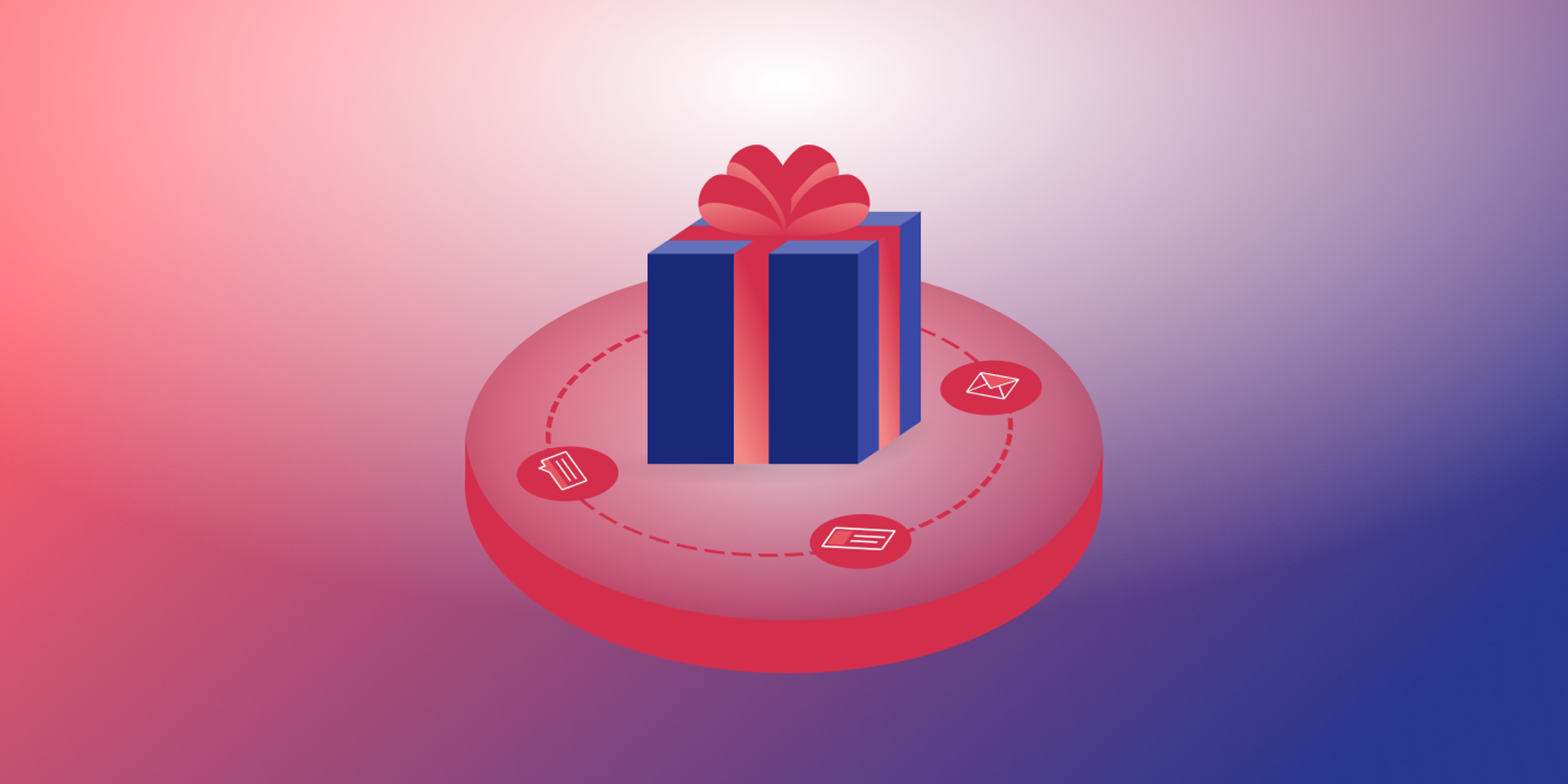 A stylized gift box with a red ribbon sits on a circular platform, surrounded by icons representing messages and notifications. The background features a gradient of pink and purple hues.