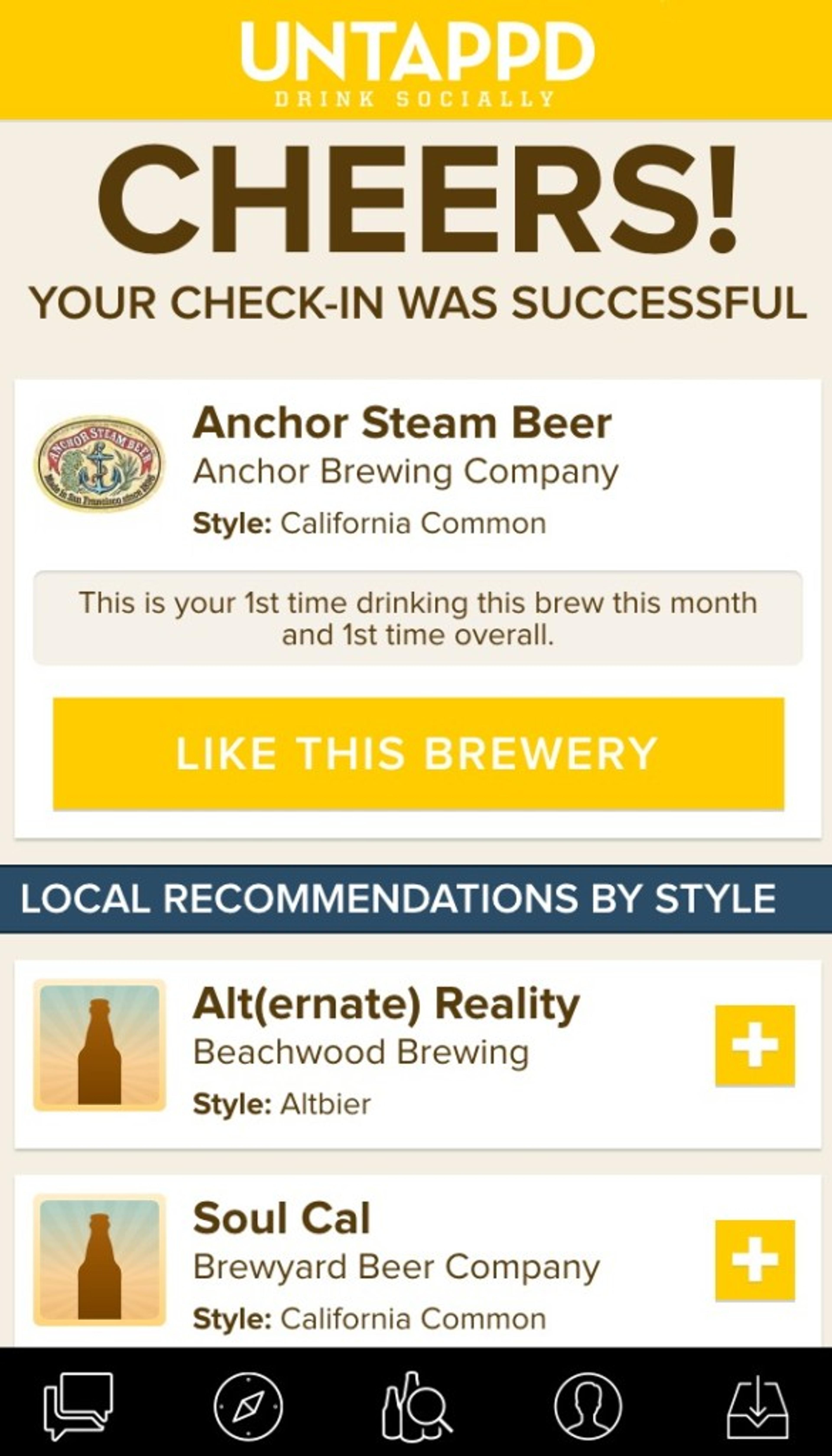 A successful check-in notification for Anchor Steam Beer from Anchor Brewing Company, with a message indicating it's the user's first time drinking this brew this month. Local recommendations for similar beers are also displayed.