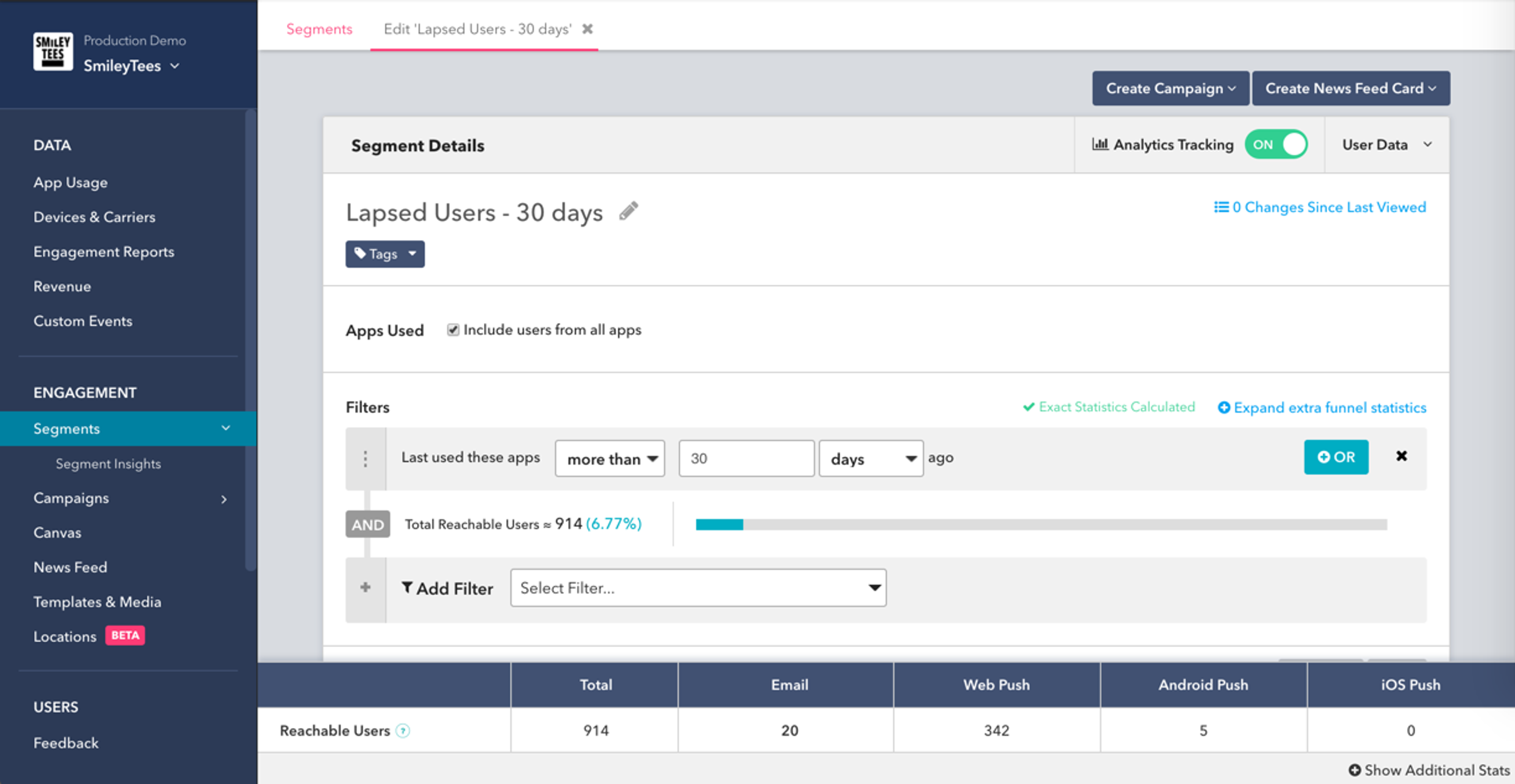 A dashboard displaying segment details for "Lapsed Users" over 30 days, including filters for app usage and reachability statistics. The interface shows options for adding filters and tracking user engagement.
