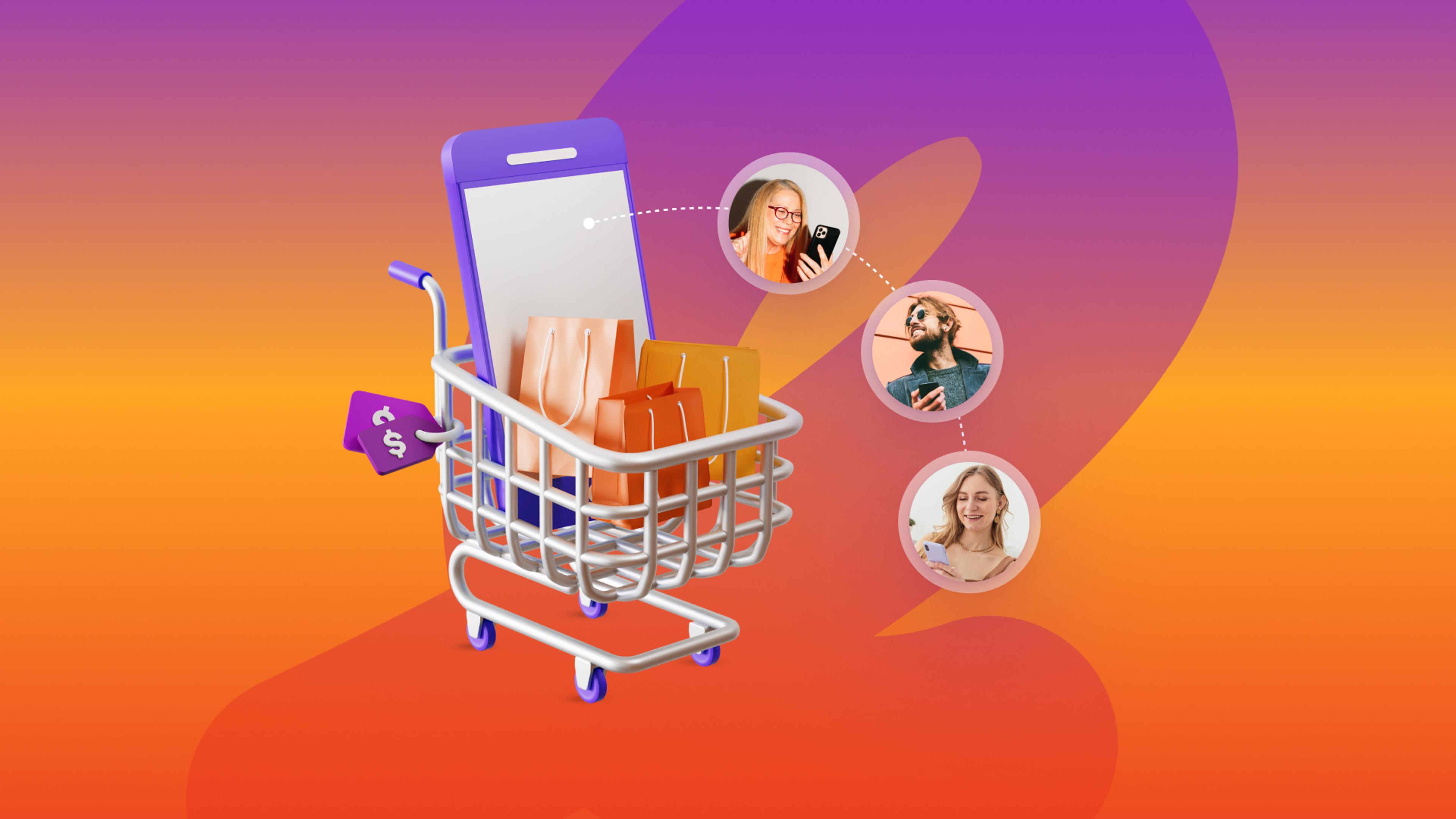 An illustration of a shopping cart with a smartphone and packages, linked to three circular images of people using phones.