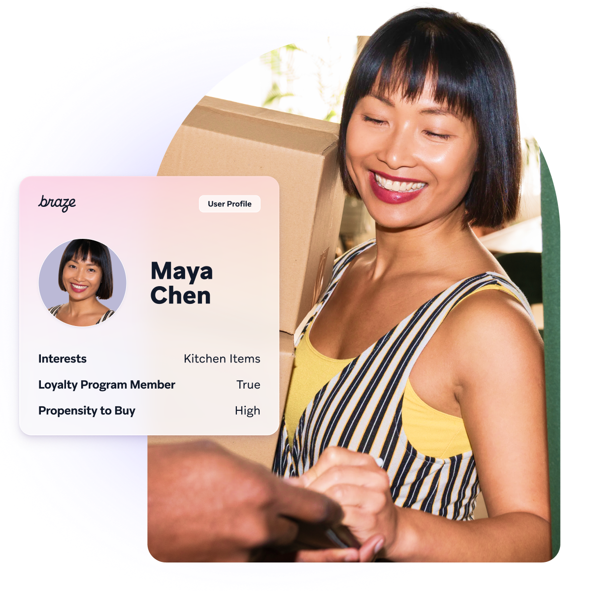 A smiling woman receives a package beside a Braze user profile card for Maya Chen, highlighting her interest in kitchen items, loyalty membership, and high propensity to buy.