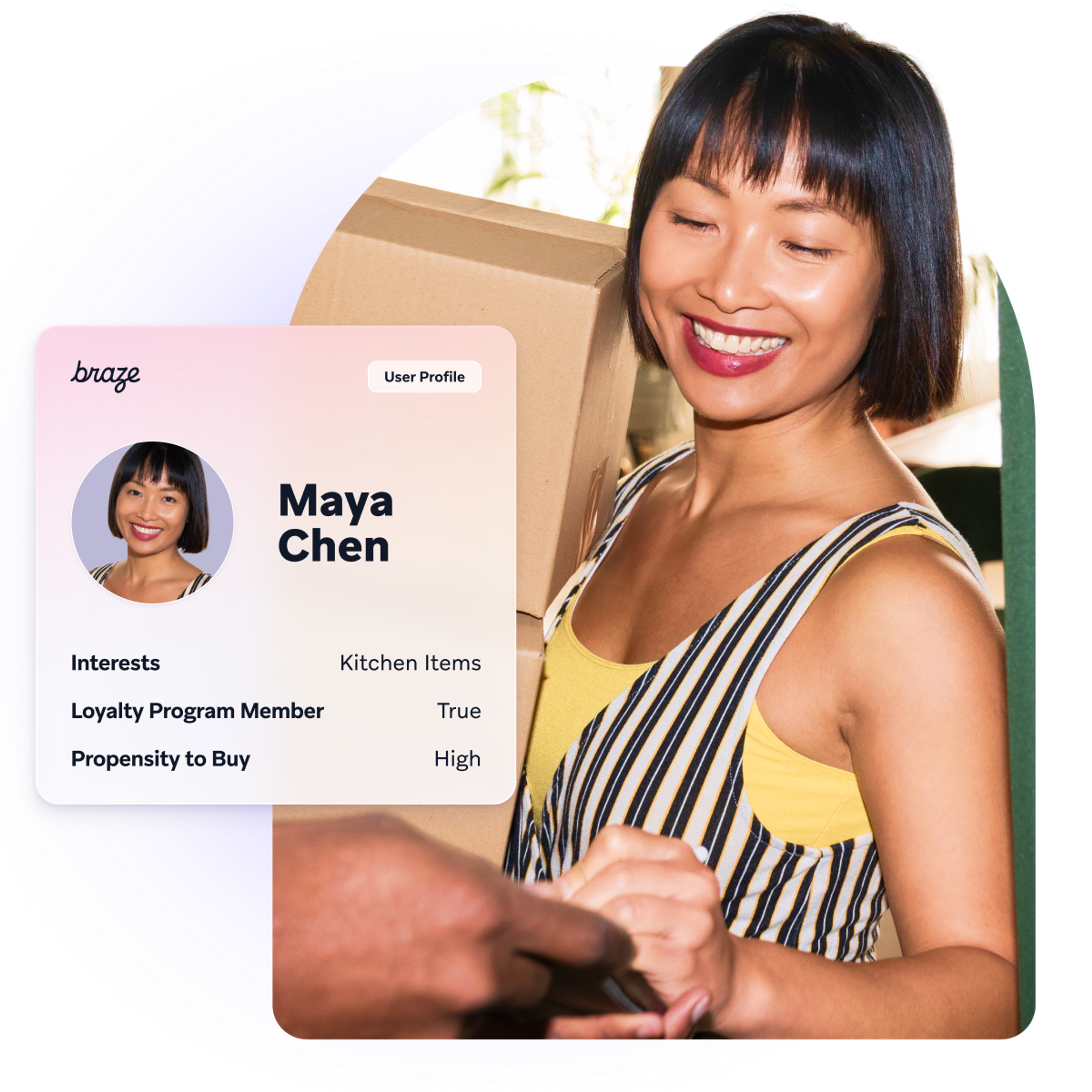 A smiling woman receives a package beside a Braze user profile card for Maya Chen, highlighting her interest in kitchen items, loyalty membership, and high propensity to buy.