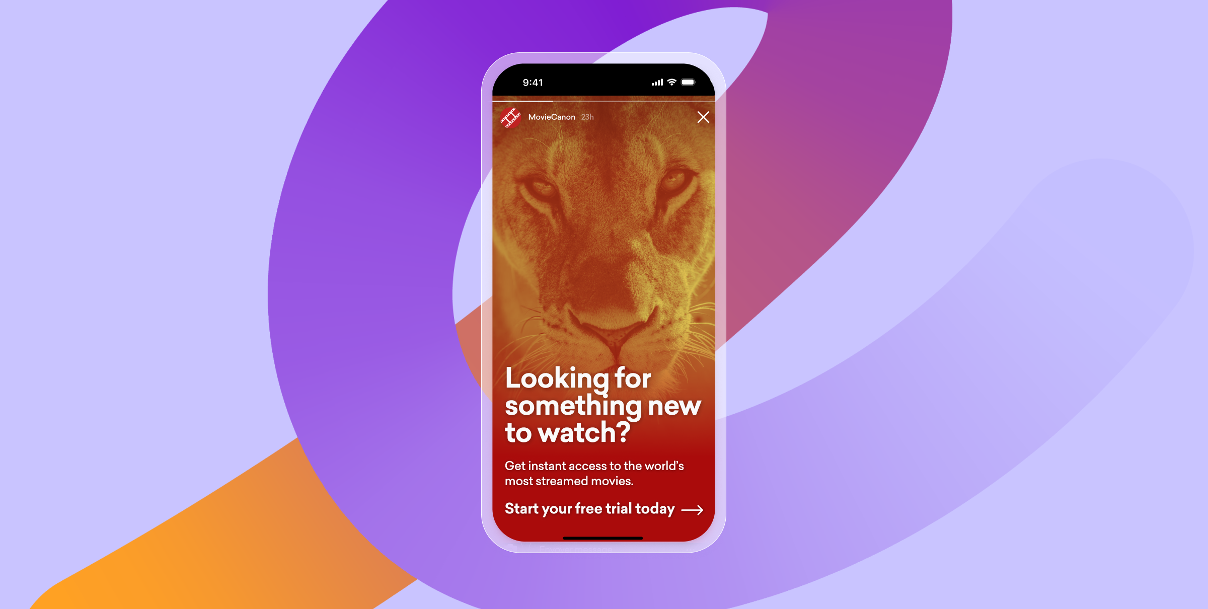 A smartphone displays an ad for a movie app, featuring a red-orange lion's face and text offering a free trial.
