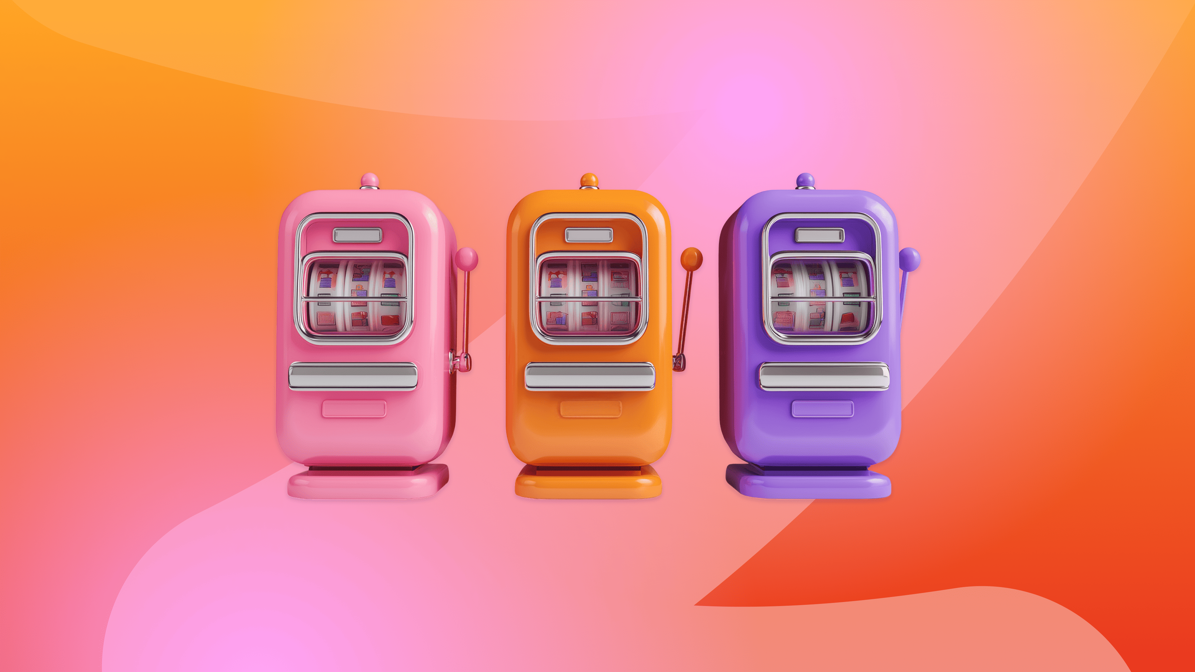 Three 3D slot machines in pink, orange, and purple on a vibrant gradient background.