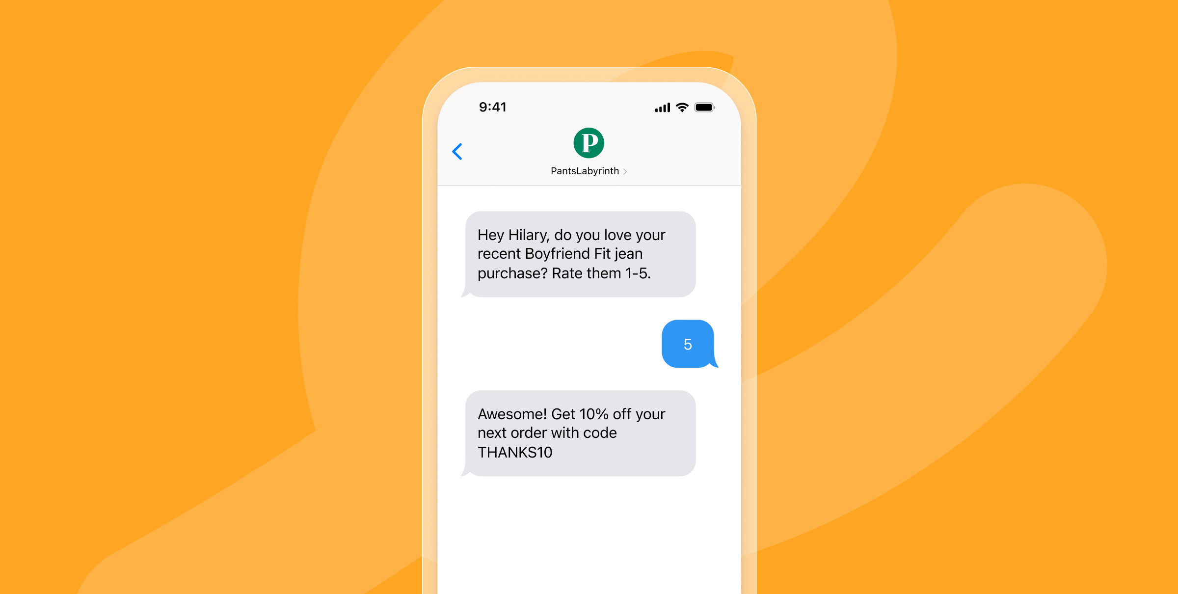 A smartphone displays a text conversation asking for feedback on a recent jean purchase, with a response rating of 5 and a promotional message offering a discount code. The background is orange.