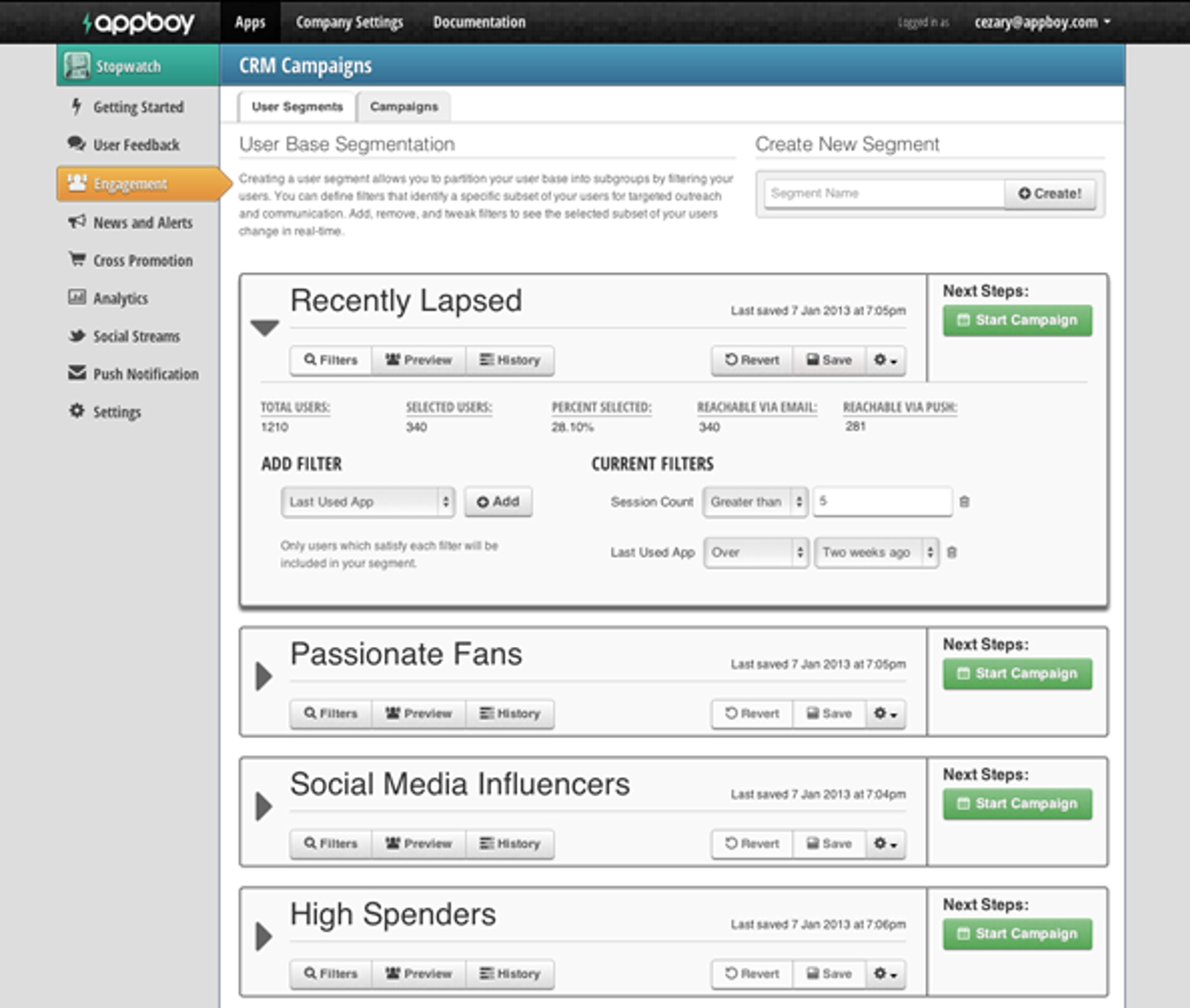 A user interface for CRM campaigns showing user segmentation options, including filters for "Recently Lapsed," "Passionate Fans," "Social Media Influencers," and "High Spenders." Each segment has options to add filters and start campaigns.