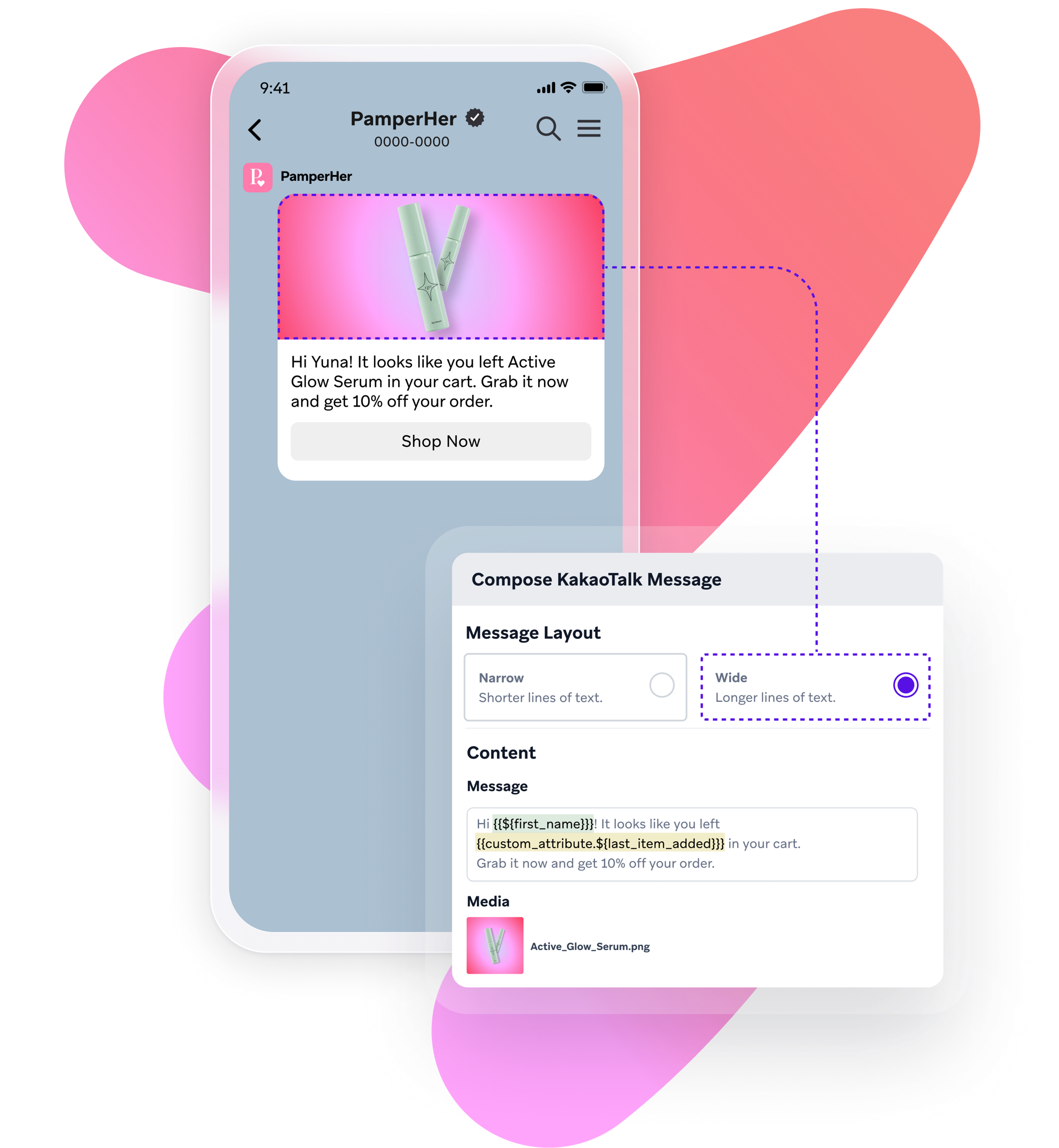 A mobile phone displays a personalized abandoned cart message, while a KakaoTalk composer shows its creation with dynamic content and a product image.