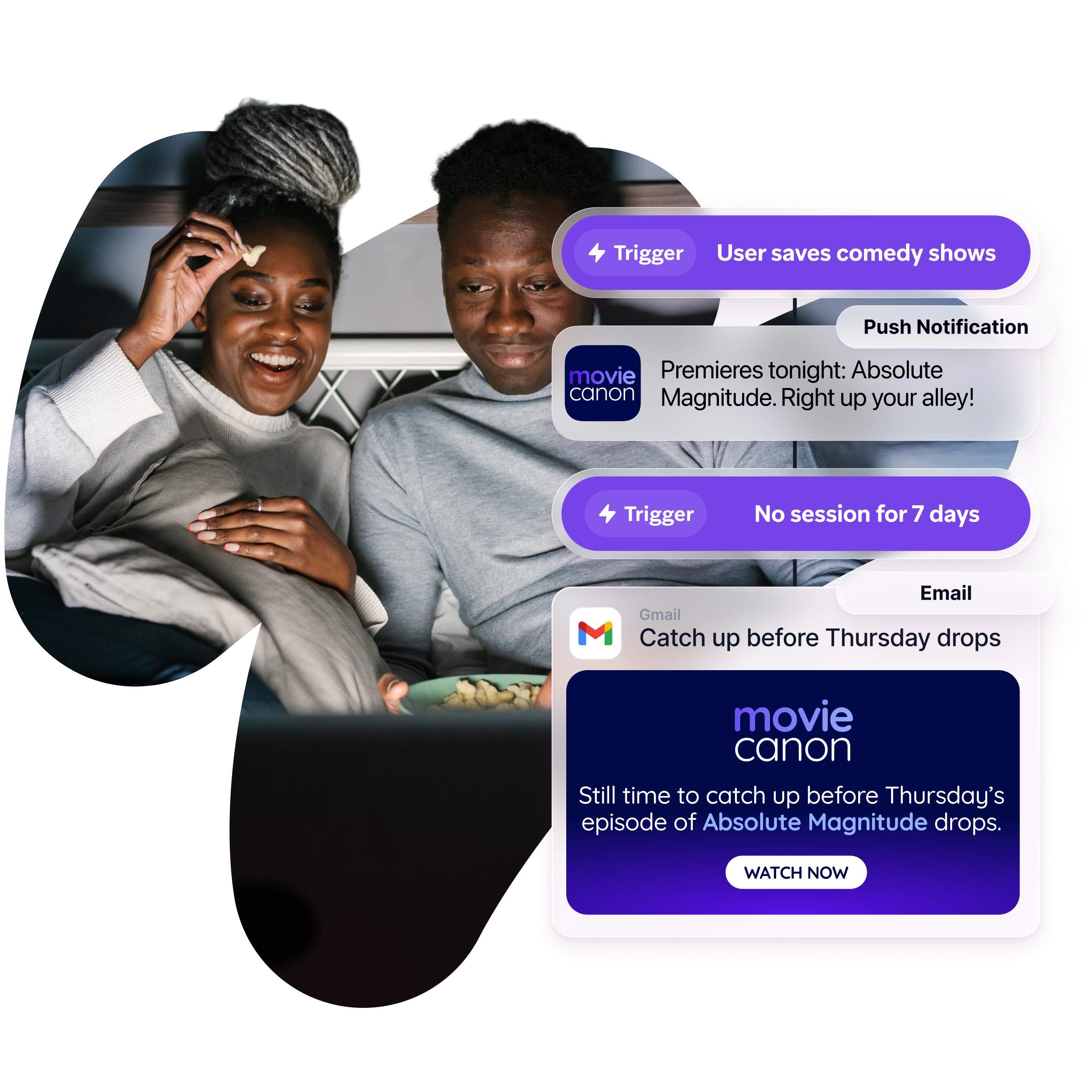 A couple relaxes on a couch watching TV while overlaid UI elements show personalized streaming notifications and email prompts from a service called Movie Canon.