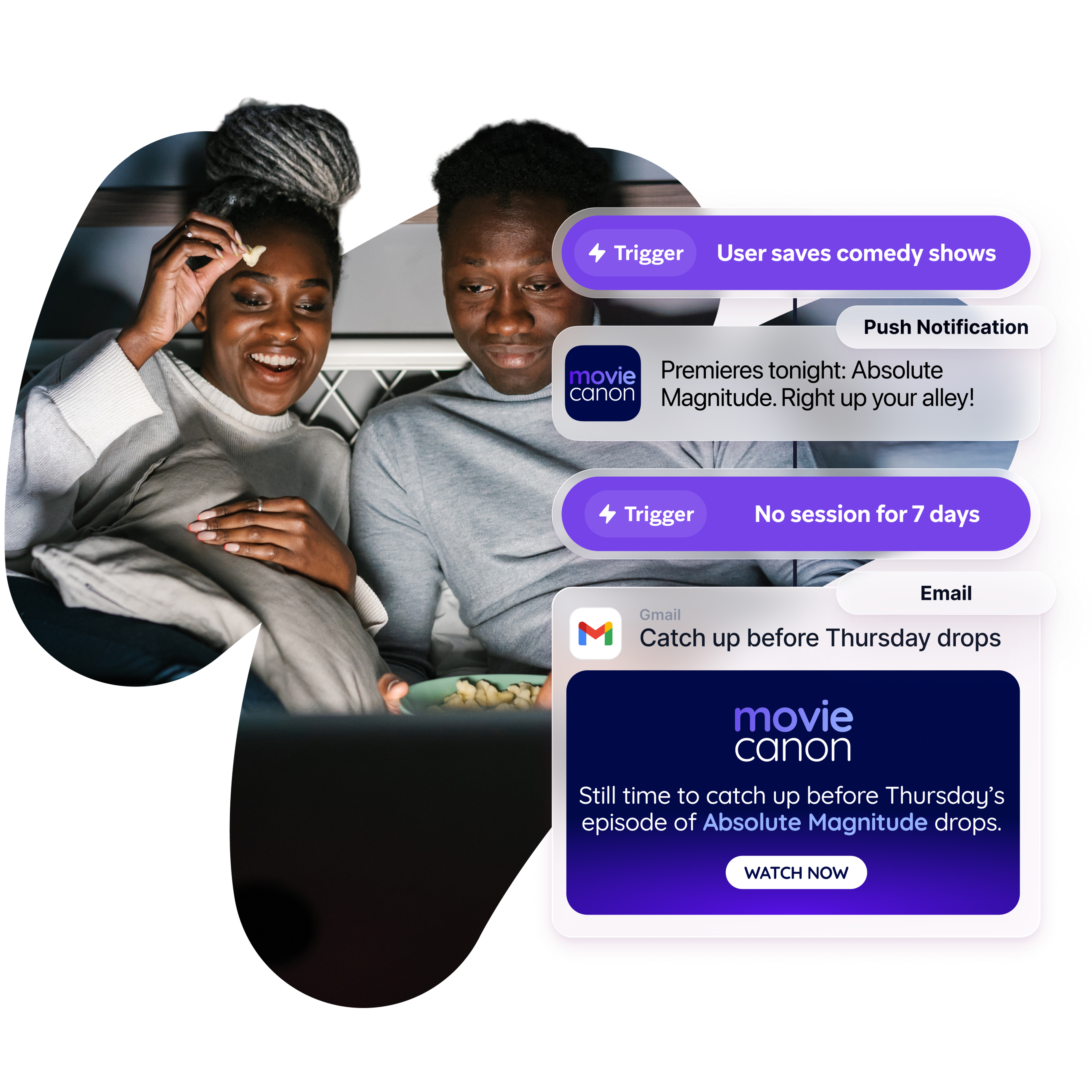 A couple relaxes on a couch watching TV while overlaid UI elements show personalized streaming notifications and email prompts from a service called Movie Canon.