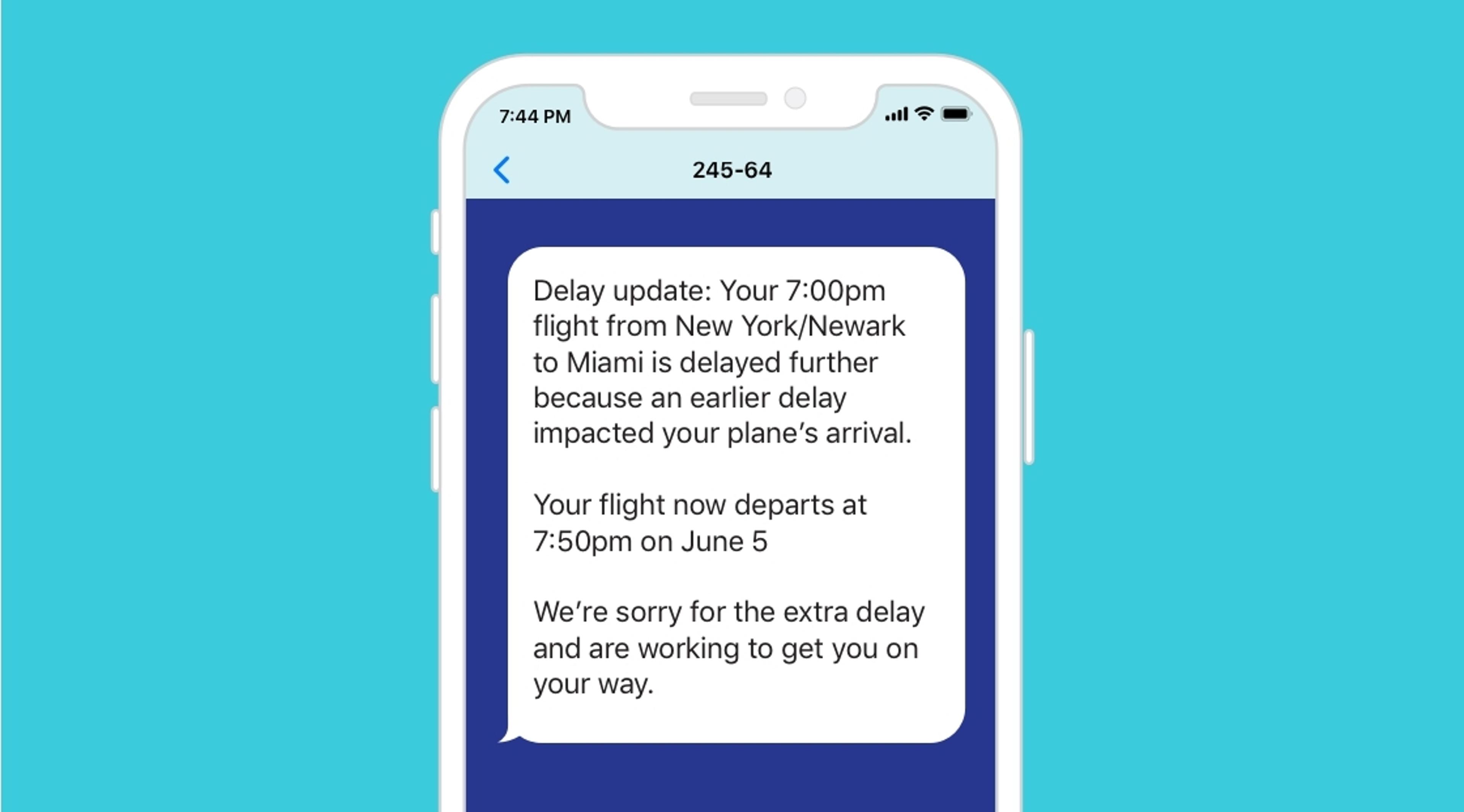 A smartphone screen displays a text message about a delayed flight from New York/Newark to Miami, now departing at 7:50 PM on June 5. The message apologizes for the delay and assures assistance is being provided.