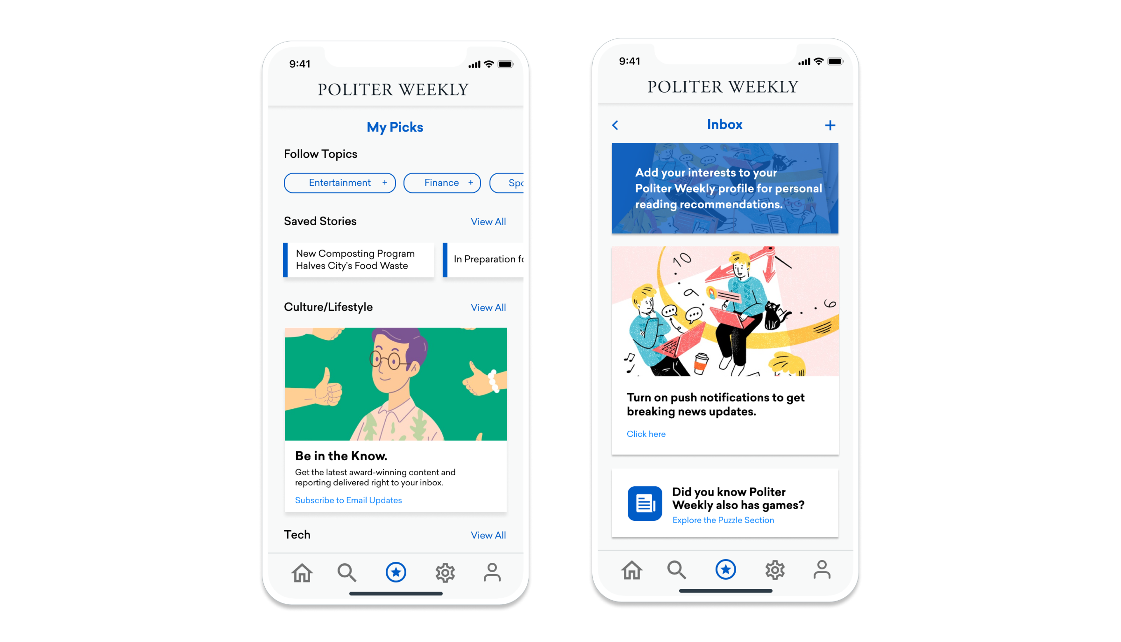 A mobile app interface displaying sections for "My Picks" and "Inbox," featuring saved stories and notifications for updates. Illustrations of people engaging with content are visible.