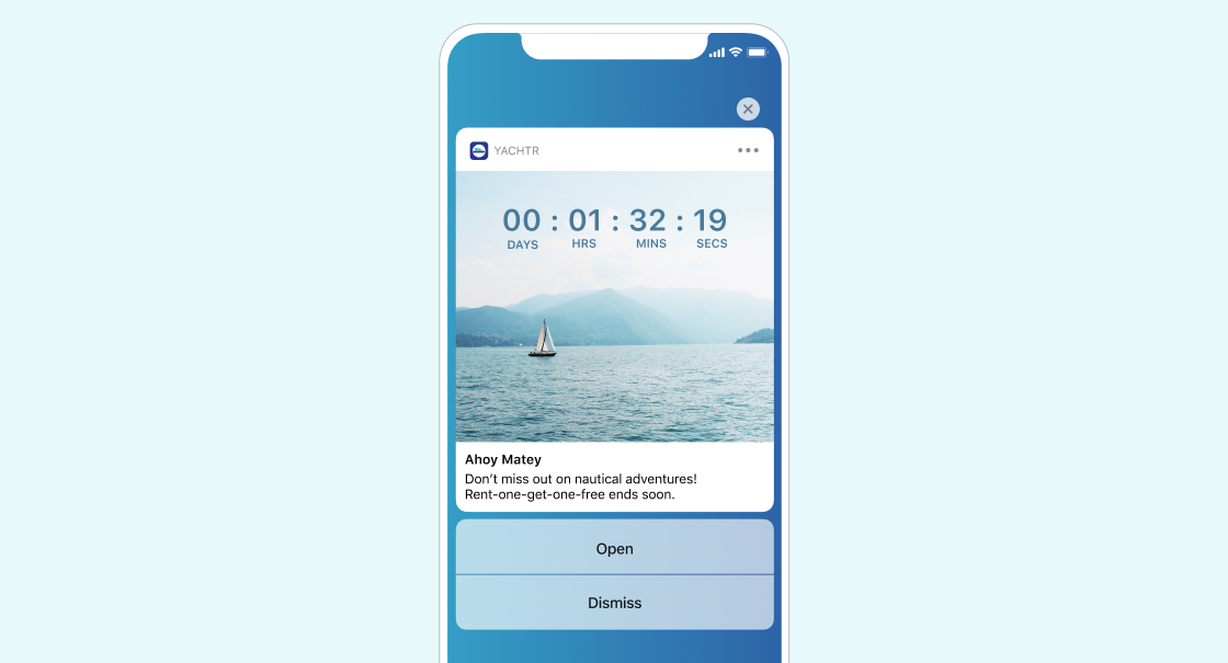 A mobile phone screen displaying a countdown timer for a nautical adventure promotion with a scenic background of a sailboat on water. The message encourages users to take advantage of a limited-time offer.