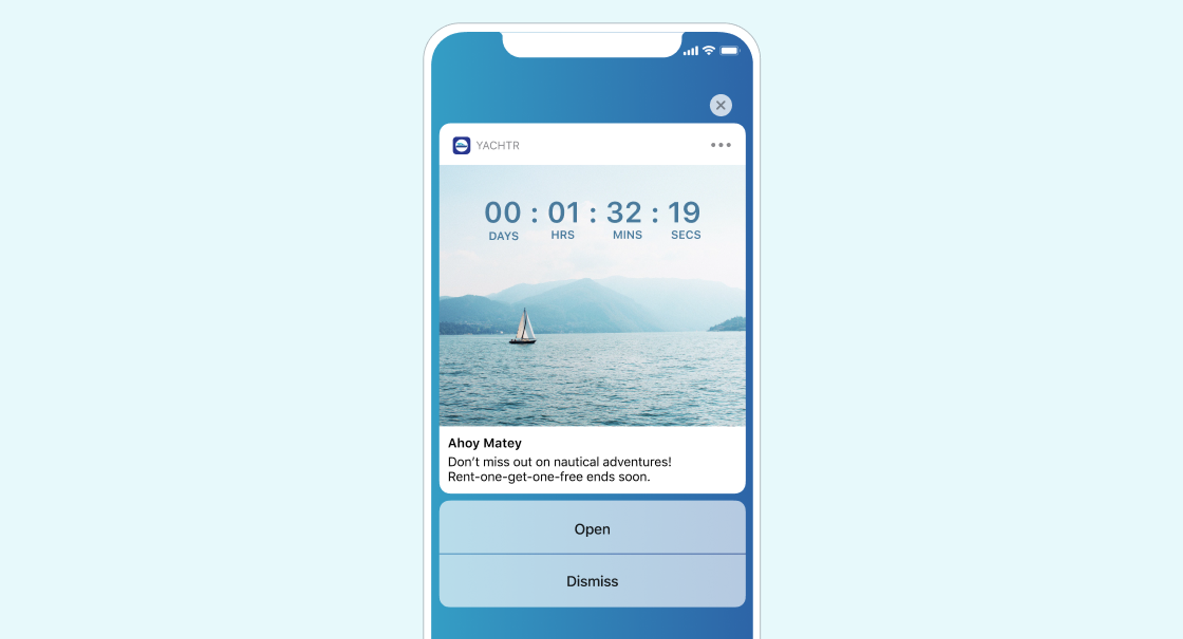 A mobile phone screen displaying a countdown timer for a nautical adventure promotion with a scenic background of a sailboat on water. The message encourages users to take advantage of a limited-time offer.