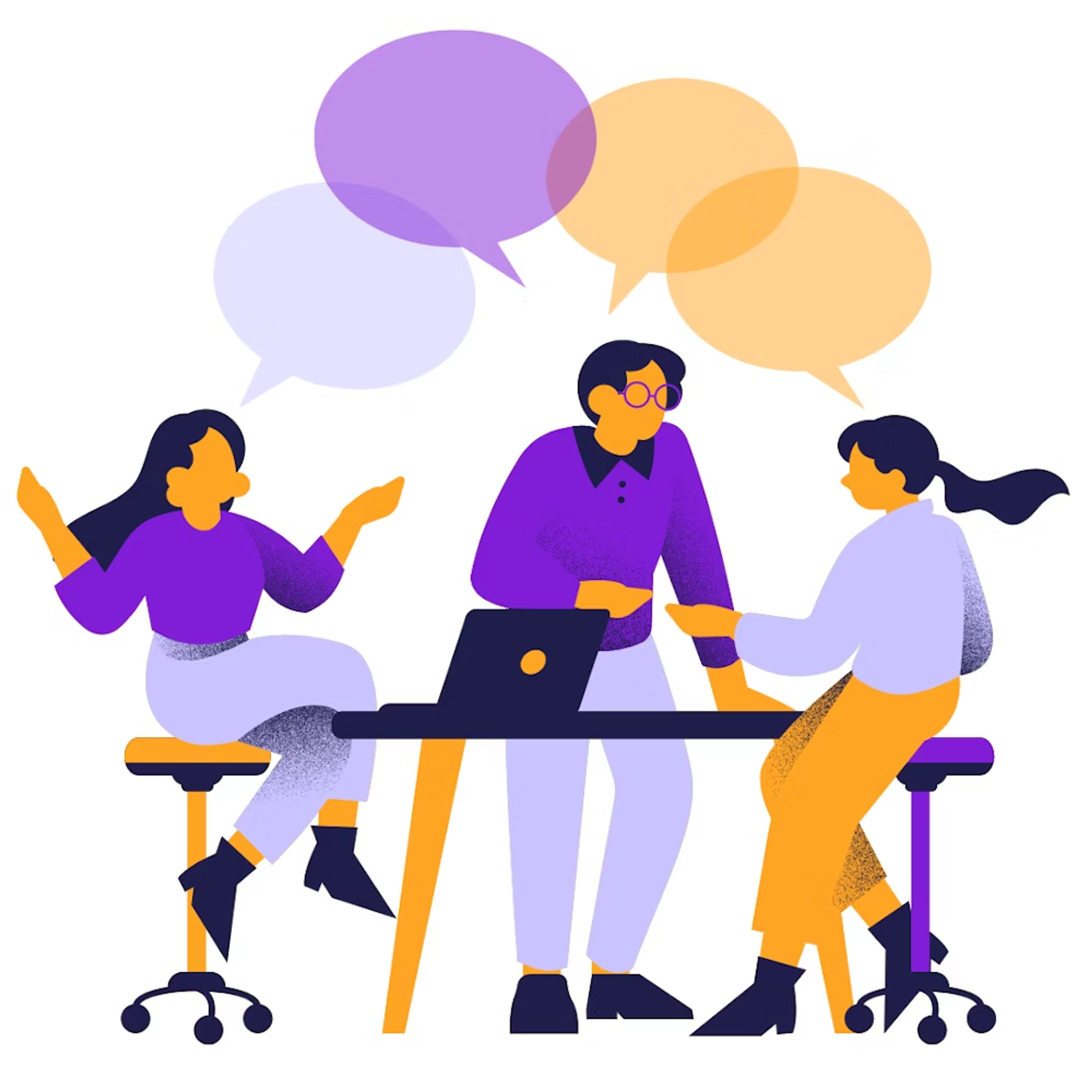 a group of people sitting around a table with speech bubbles above them