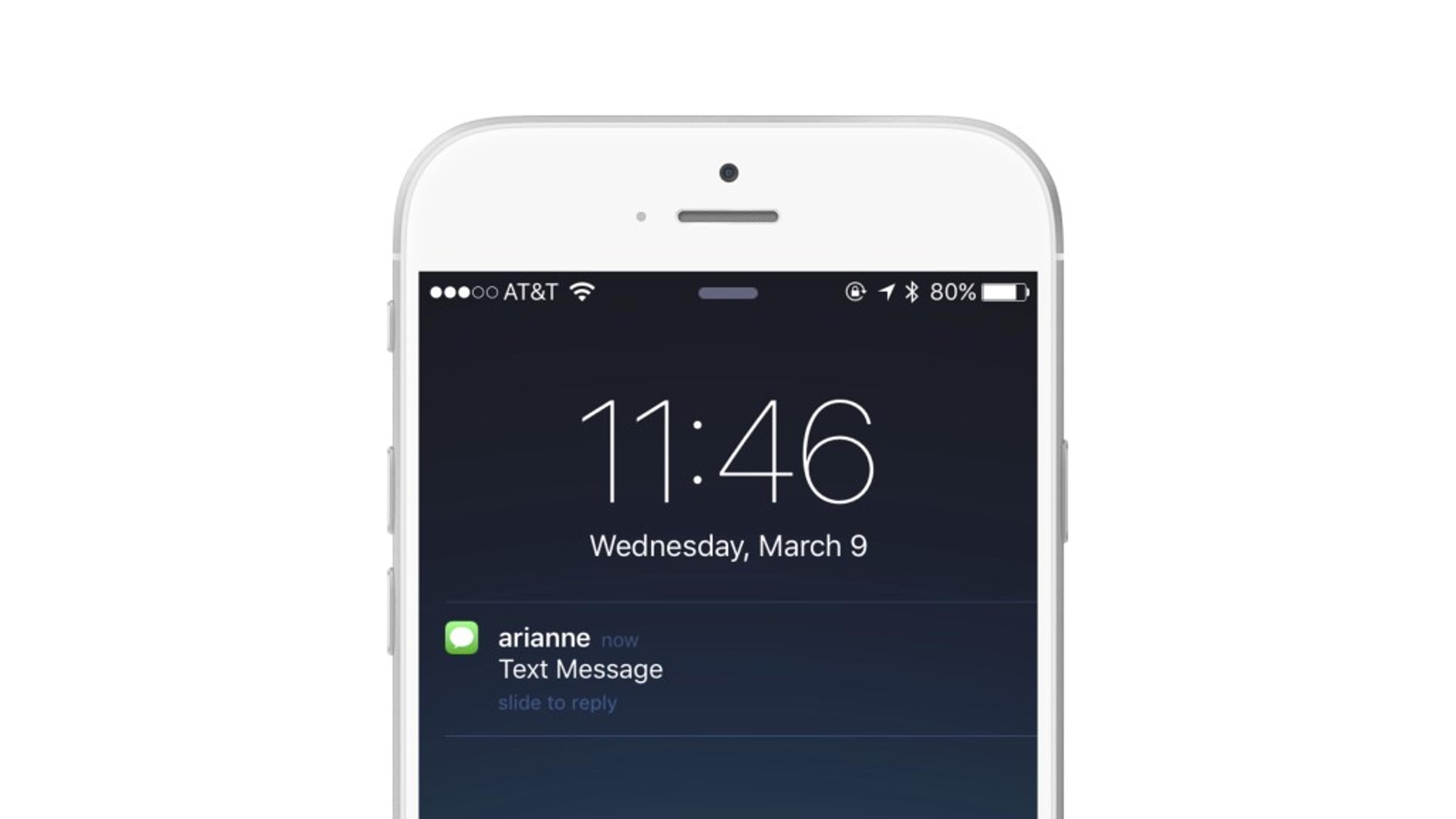 A smartphone screen displaying the time 11:46 on Wednesday, March 9, with a text message notification from "arianne.