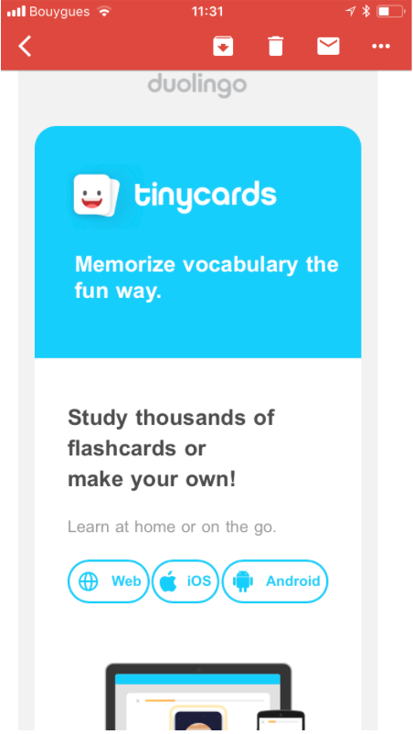 An email advertisement for Tinycards, featuring a blue banner that promotes vocabulary memorization through flashcards. It includes options to learn on the web or via iOS and Android apps.
