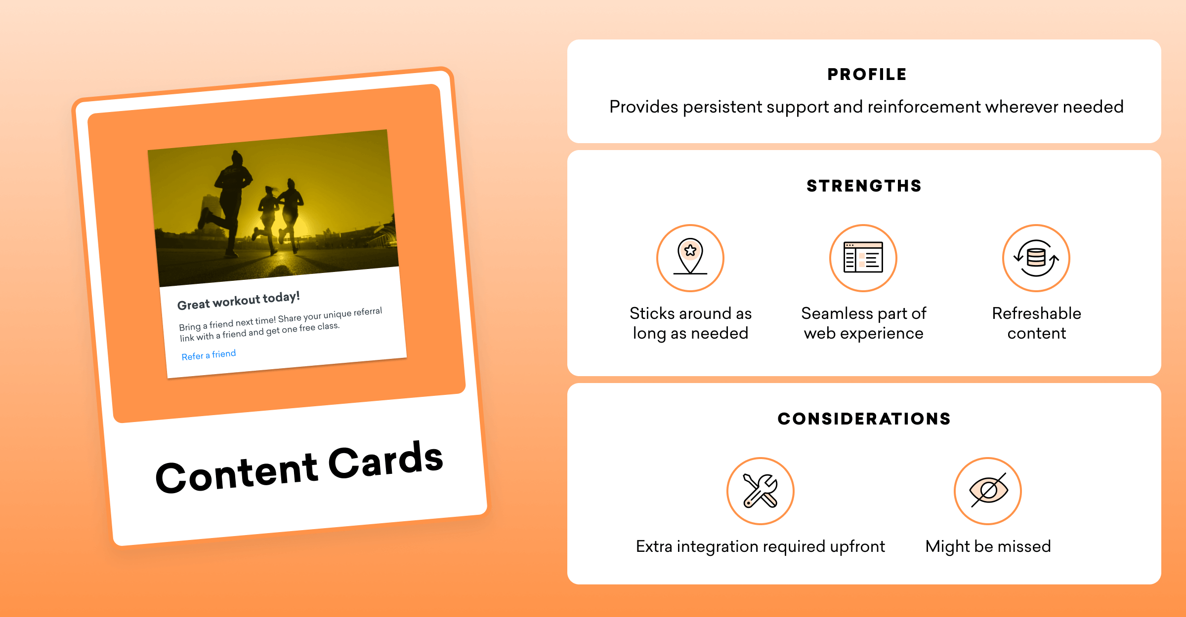 An illustration of a content card featuring a workout motivation message. The card includes sections for profile, strengths, and considerations related to the content.