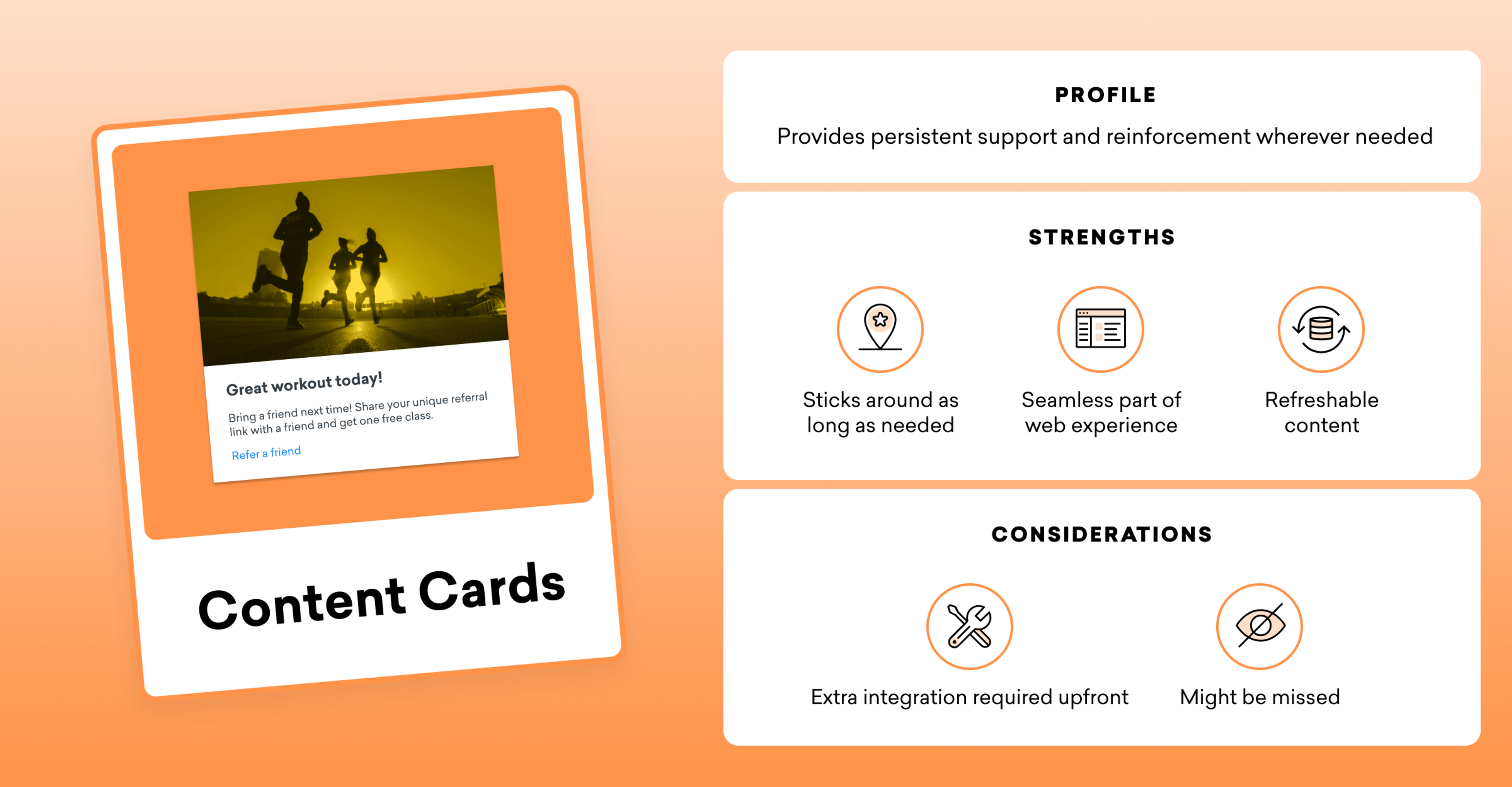 An illustration of a content card featuring a workout motivation message. The card includes sections for profile, strengths, and considerations related to the content.