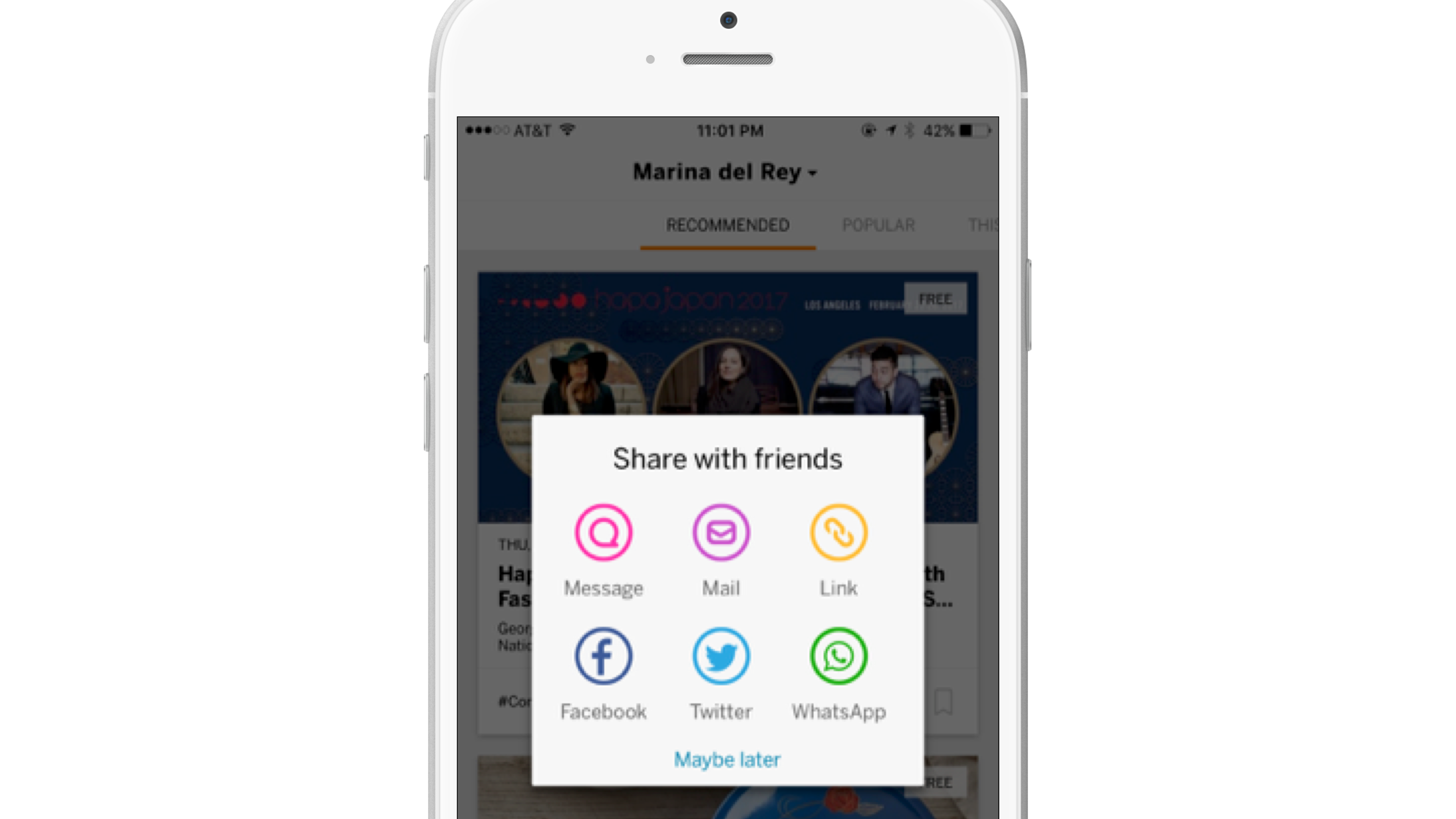 A smartphone screen displaying a sharing options menu with icons for various social media platforms and messaging apps. The background shows a recommendation section for Marina del Rey.