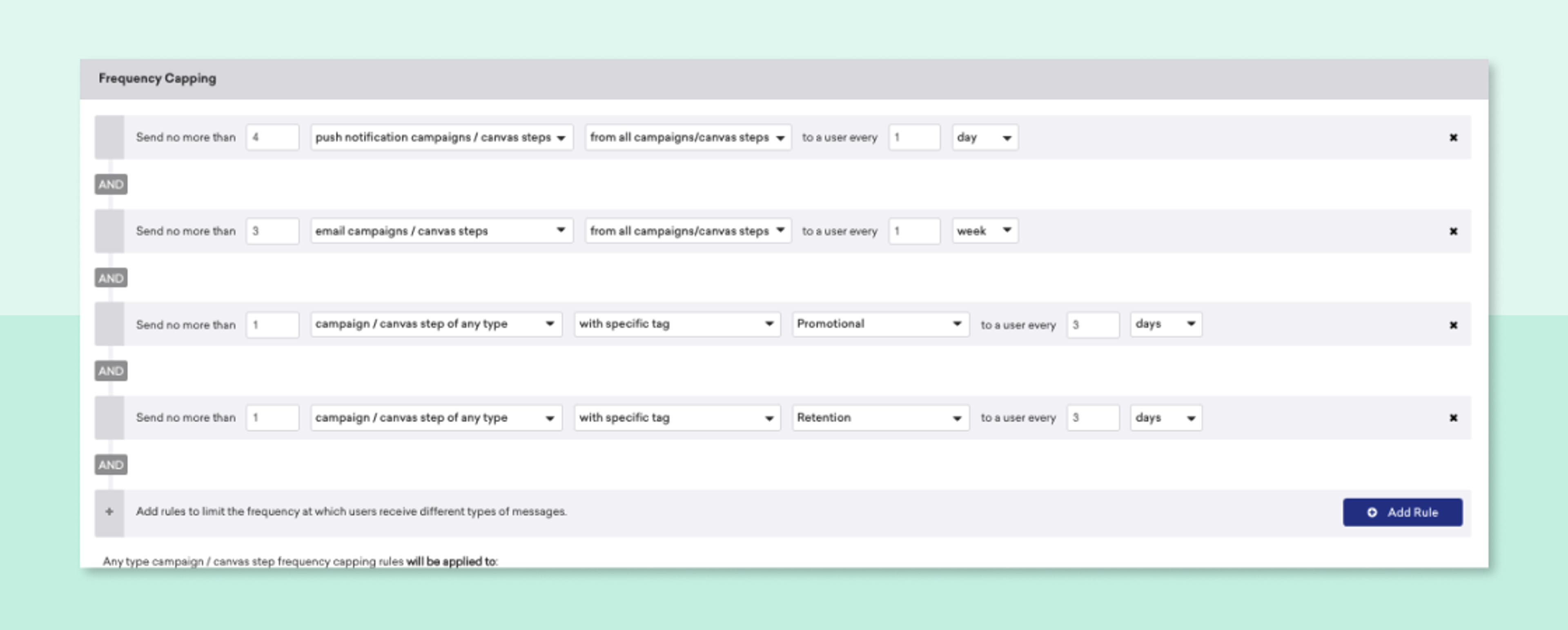 A user interface displaying frequency capping options for various campaign types, including push notifications and email campaigns. The settings allow users to specify limits on message frequency based on different criteria.