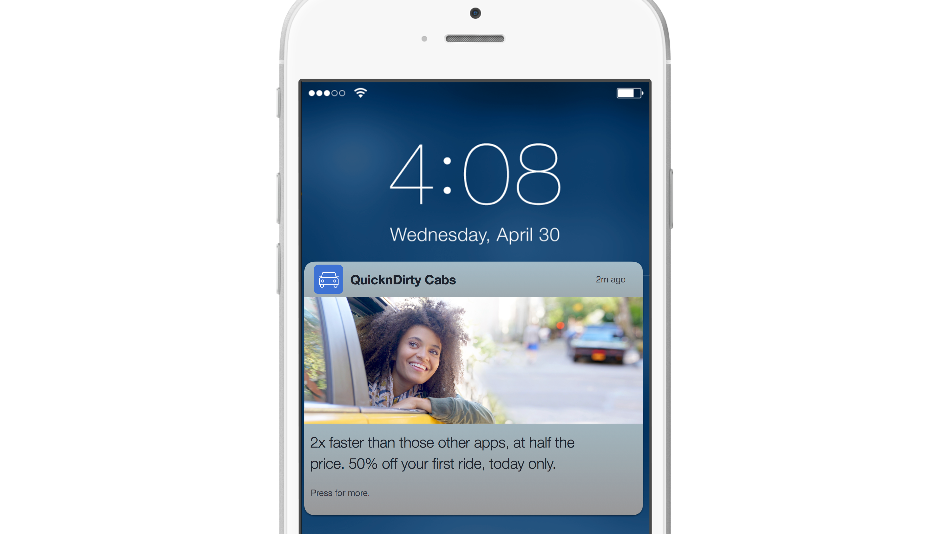 A smartphone screen displaying the time and date, with a notification from QuicknDirty Cabs featuring a smiling person leaning out of a car window. The message promotes a discount on the first ride.