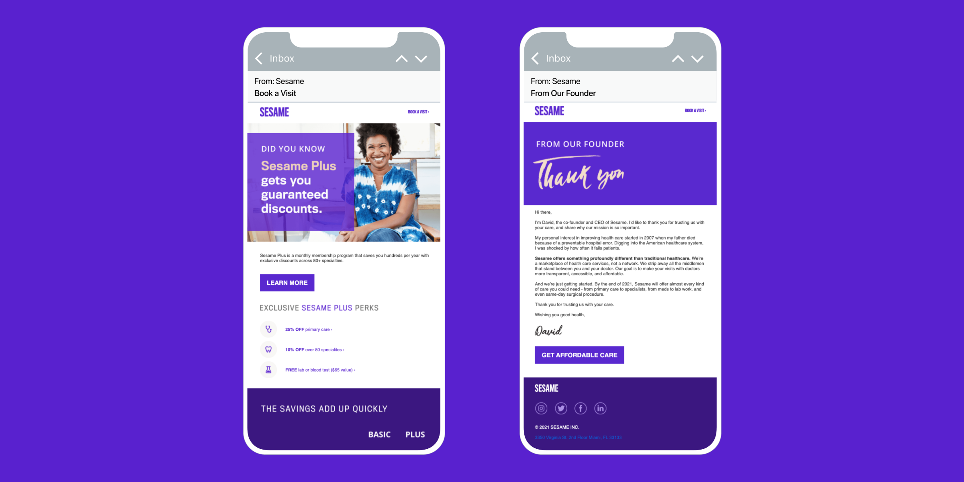 Two smartphone screens displaying an email from Sesame. The first screen features a smiling woman in a blue dress, promoting Sesame Plus discounts, while the second screen contains a thank-you message from the founder.